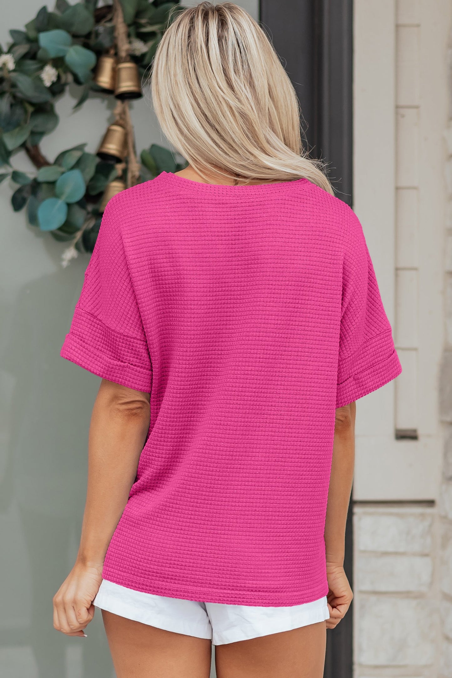 Solid Waffle Knit V-Neck Short Sleeve Top