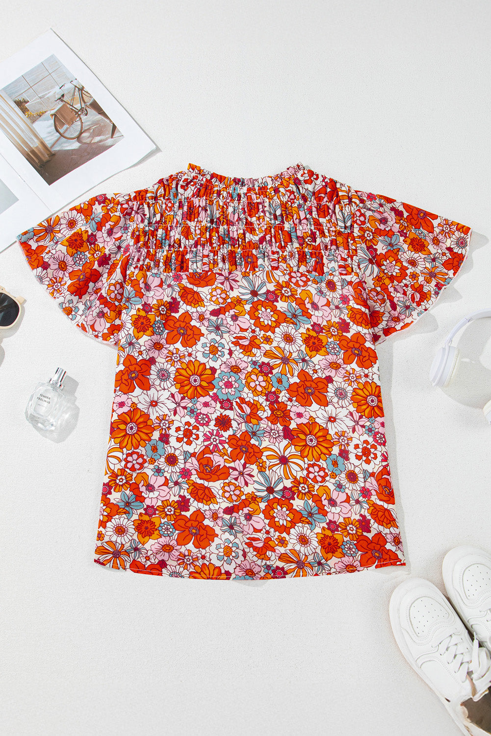 Floral V-Neck Pleated Ruffle Short Sleeve Blouse