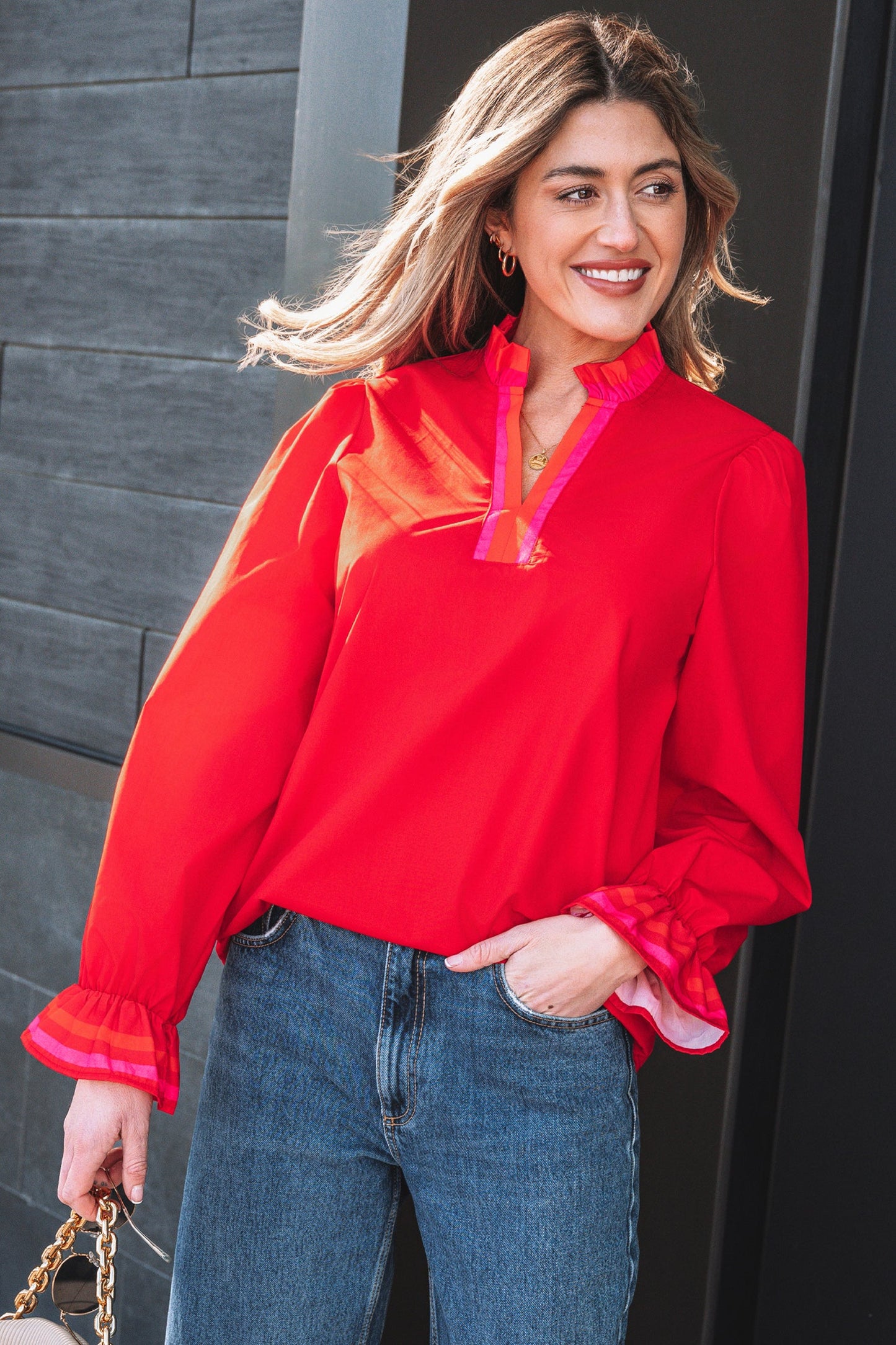 Stripe Trim Ruffle Split Neck Long Sleeve Blouse