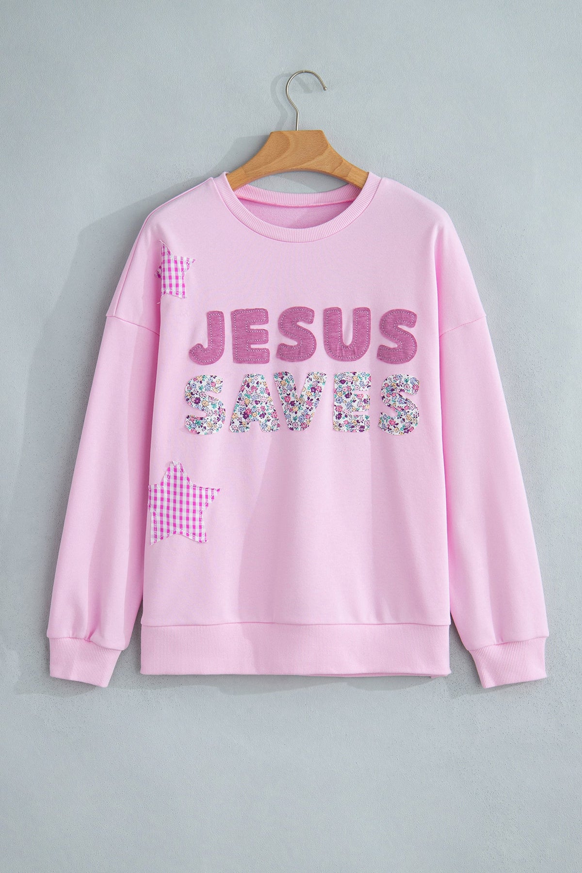 Plus Size JESUS SAVES Floral Gingham Star Patchwork Sweatshirt