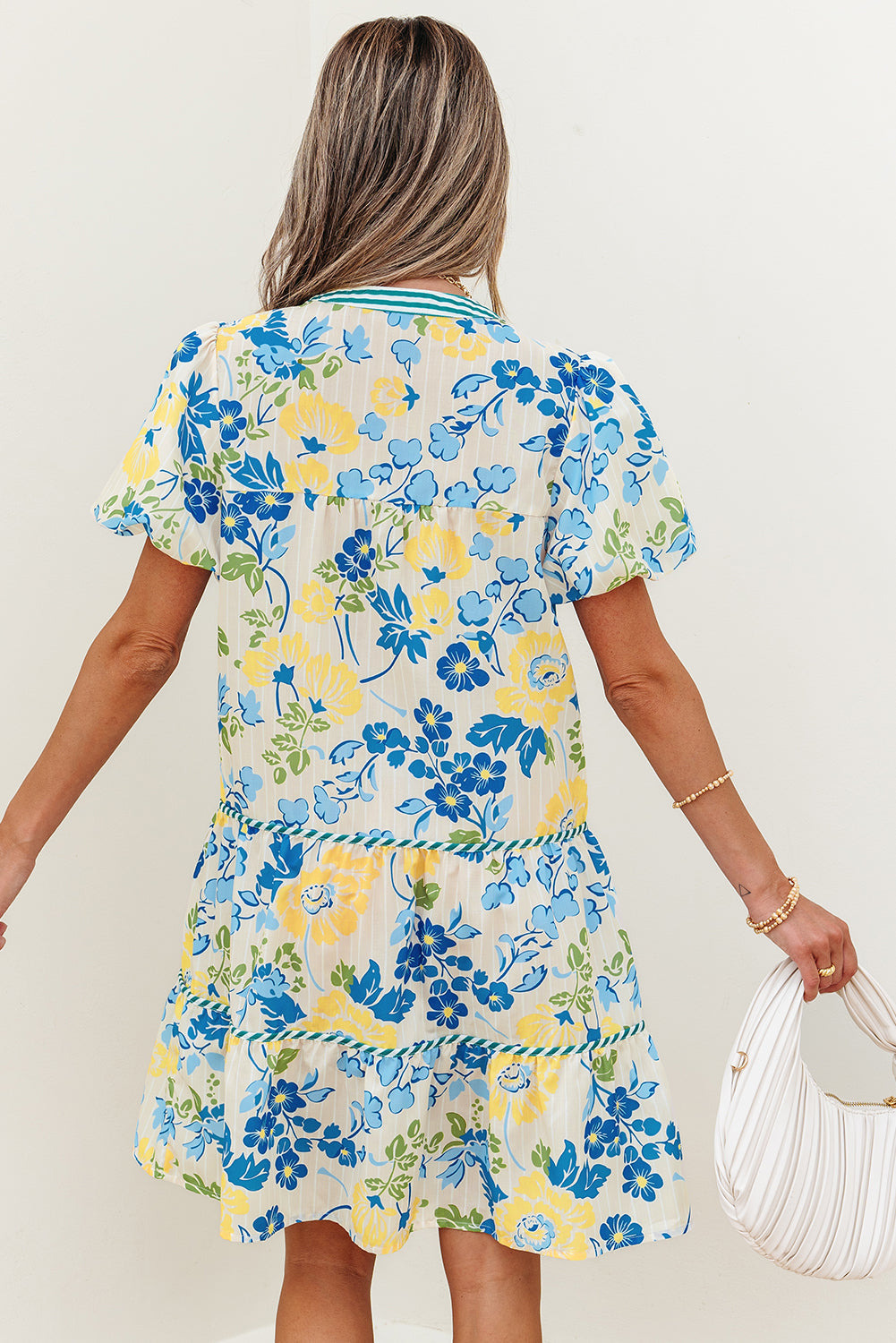 Floral Stripe Trim Puff Short Sleeve Dress