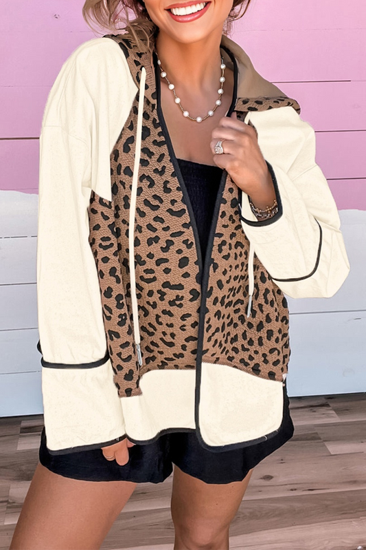 Leopard Star Patchwork Open Front Hooded Jacket