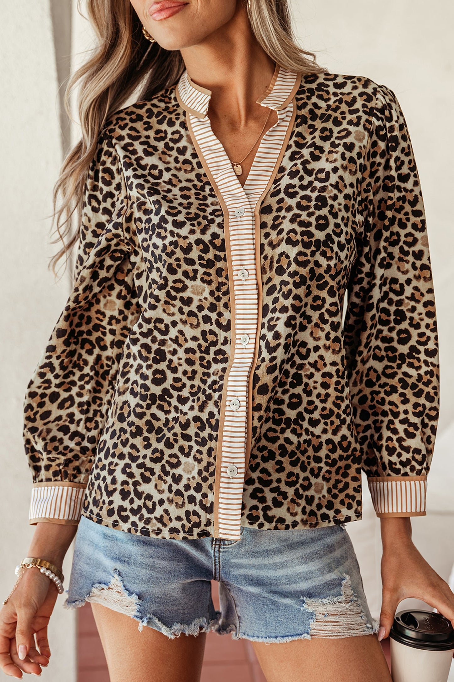 Leopard Contrast Stripe Buttoned V-Neck Shirt