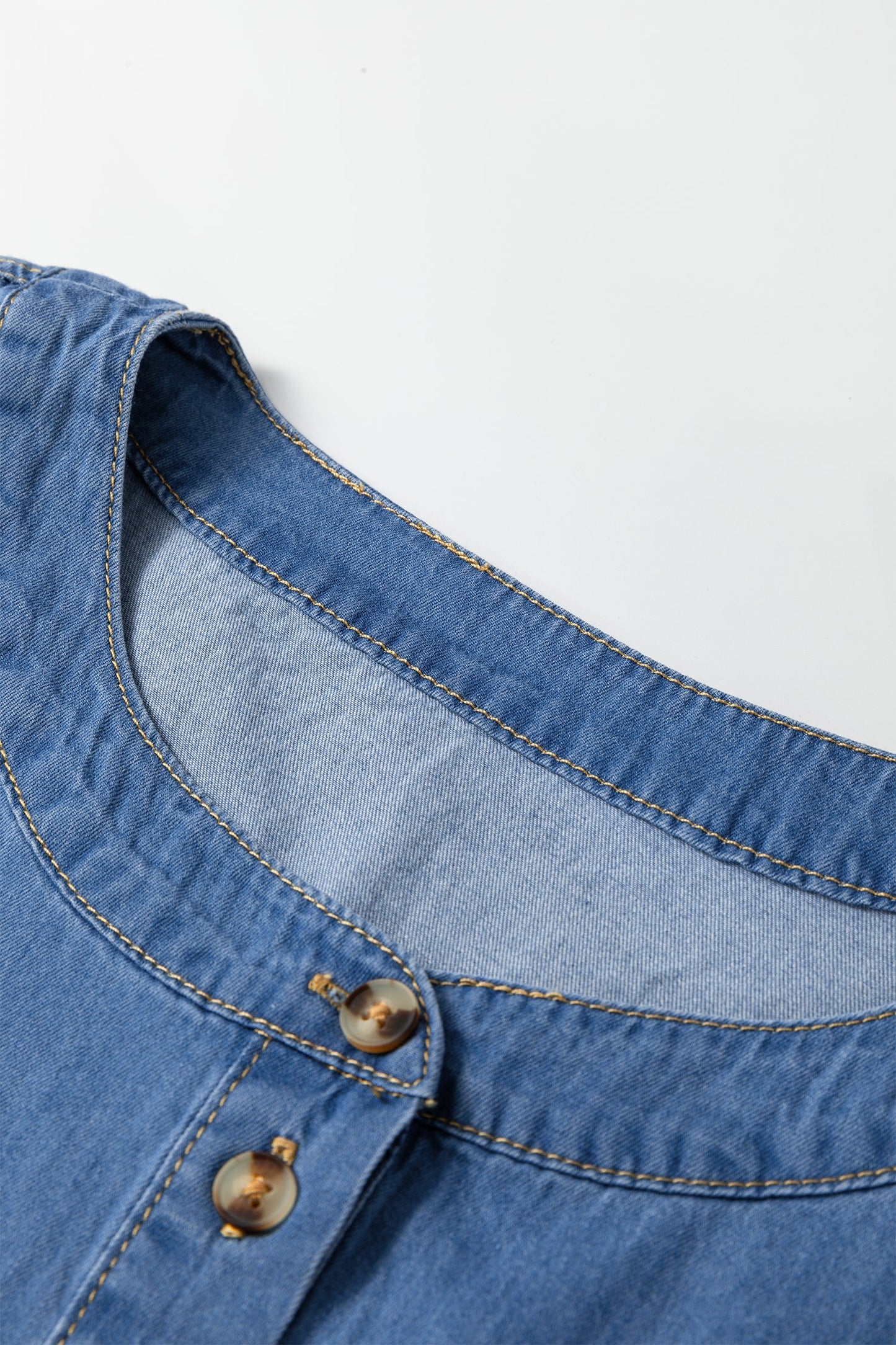 Denim Pleated Half Buttoned Short Sleeve Top