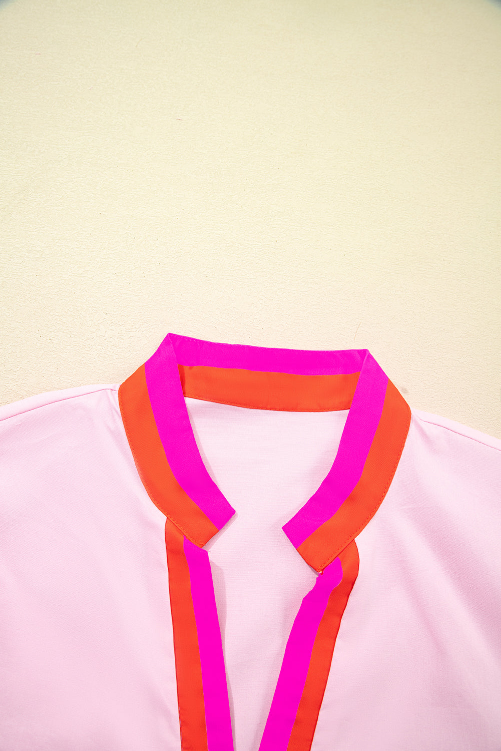 Contrast Stripe V-Neck Collision Short Puff Blouse