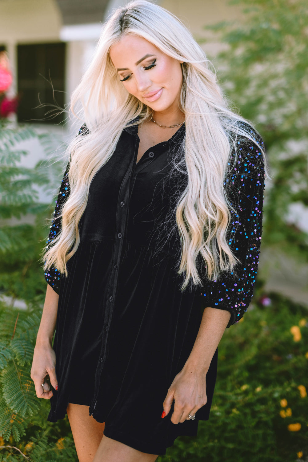 Velvet Sequin Puff Sleeve Buttoned Peplum Shirt