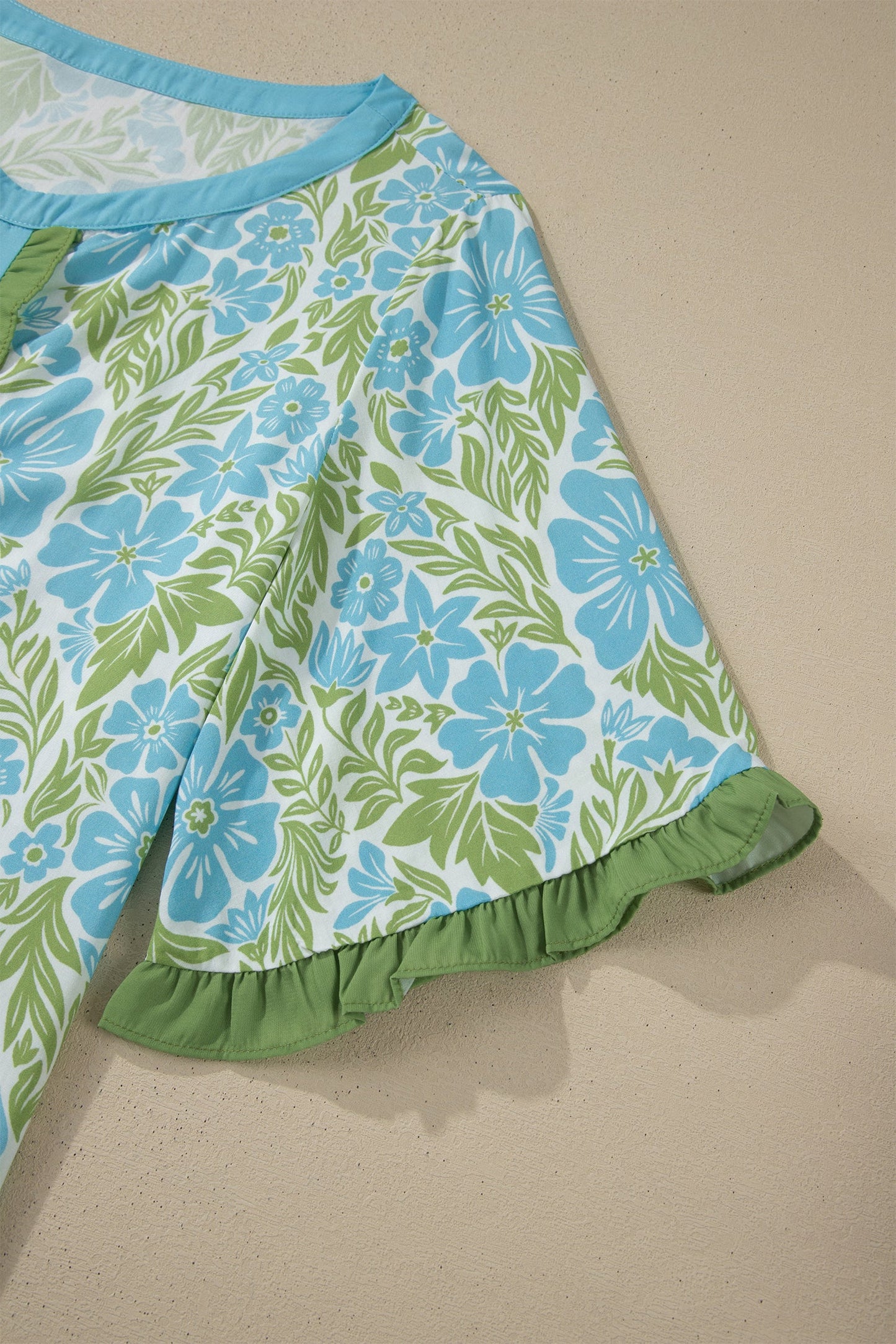 Floral Ruffle Colorblock Trim Short Sleeve Blouse