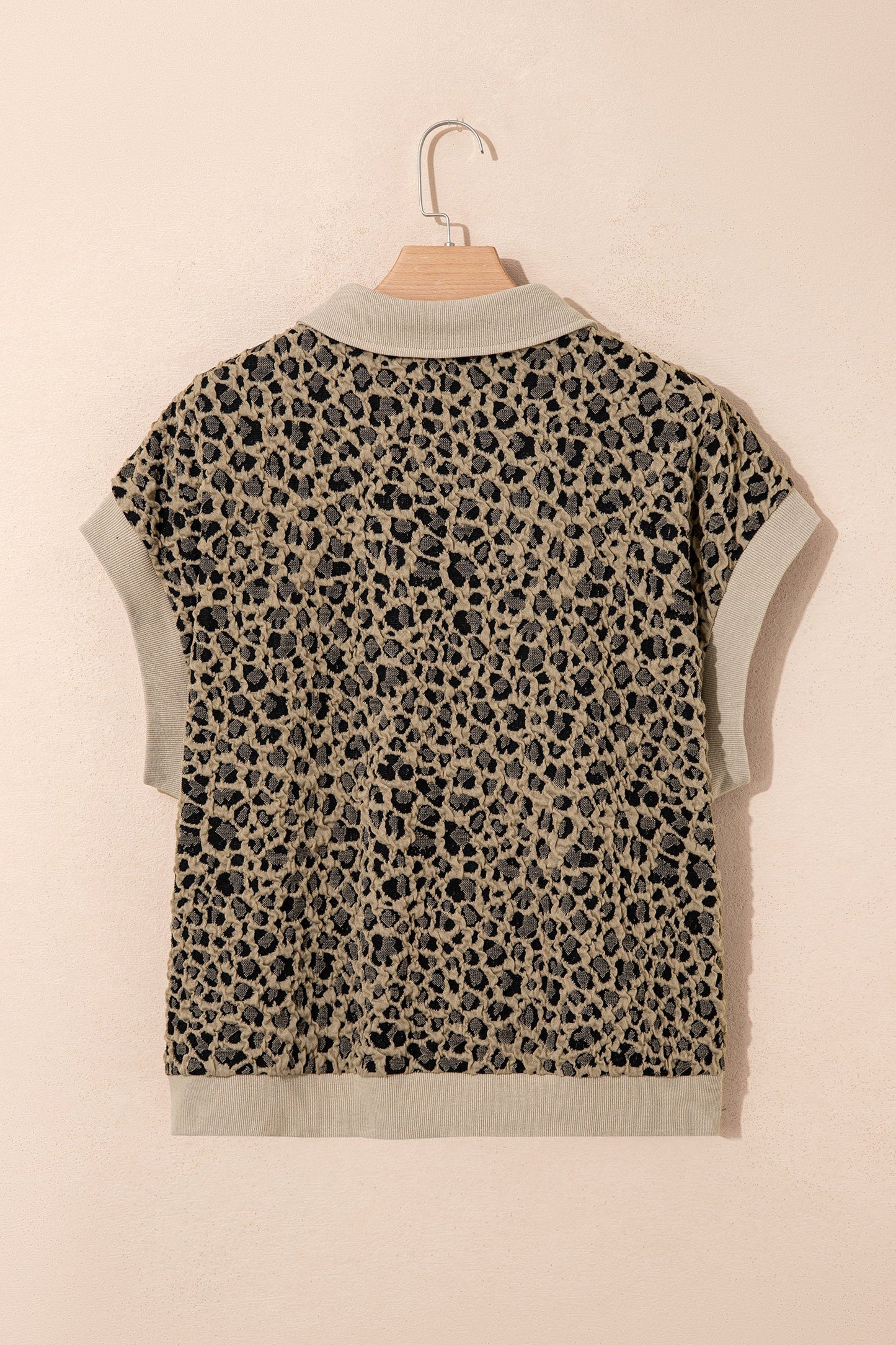 Plus Size Leopard Patchwork Ribbed Zip Up Collar Top
