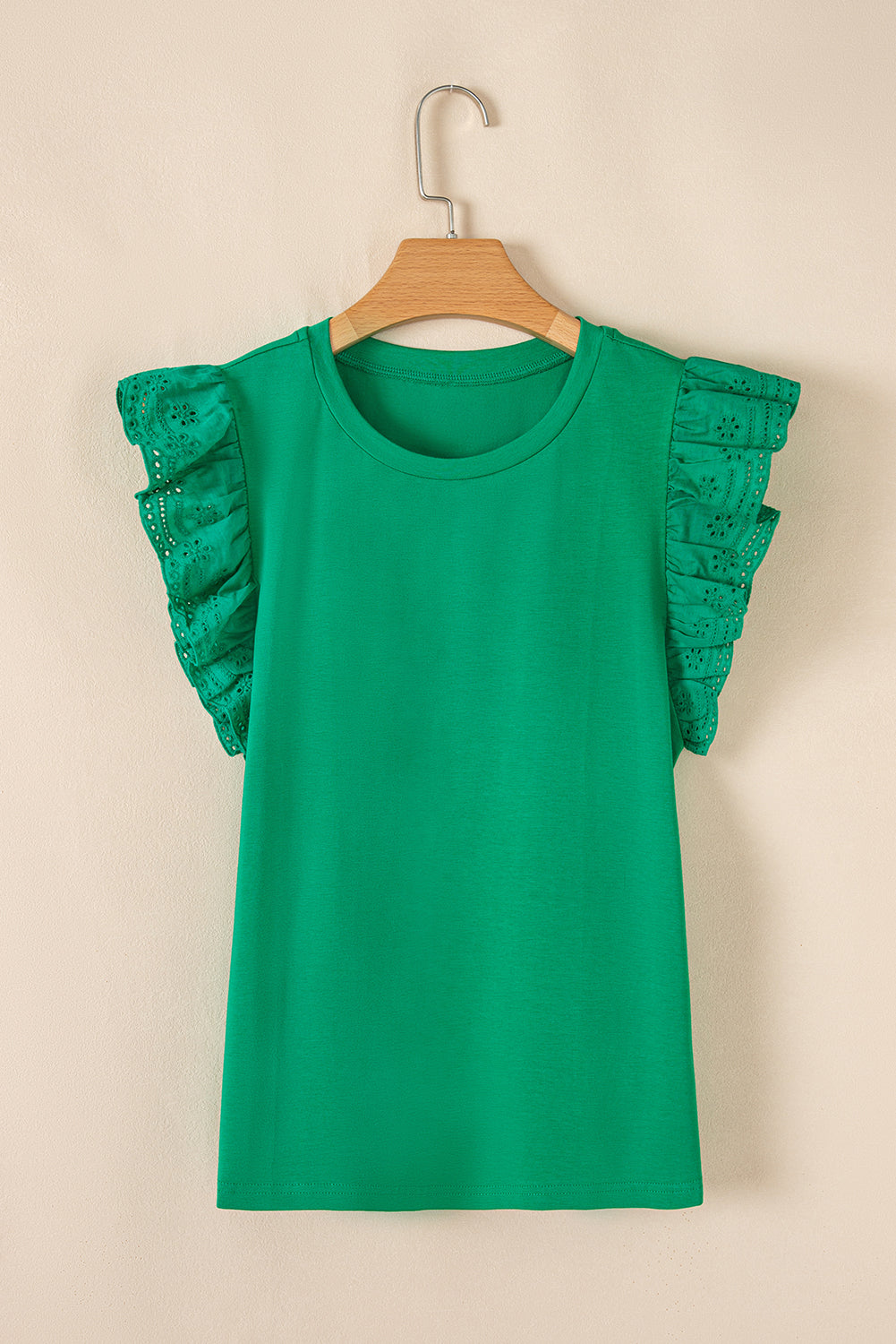 Eyelet Embroidered Ruffle Sleeve Crew Neck Top
