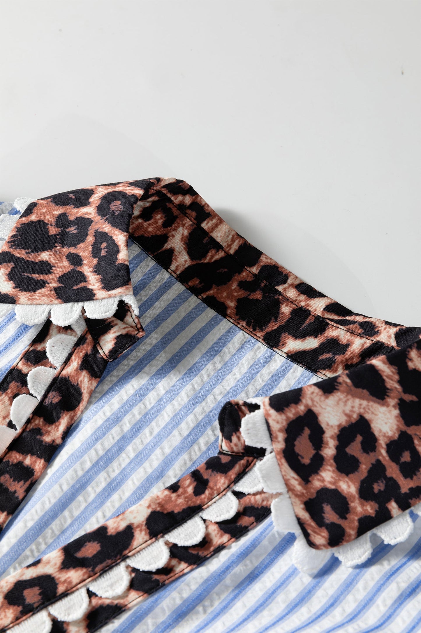 Leopard Patchwork Collared V-Neck Puff Sleeve Blouse