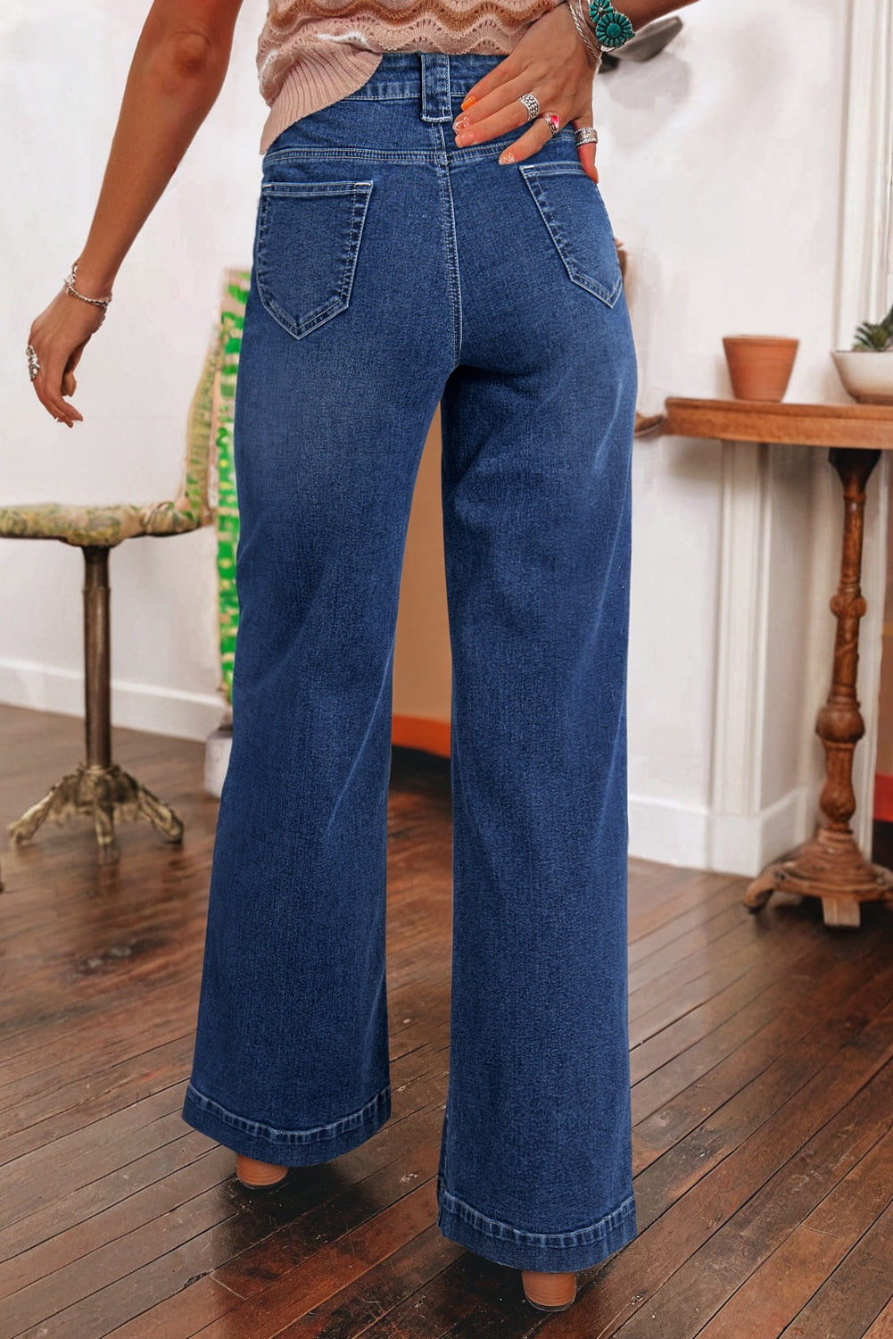 Denim Patch Pocket Wide Leg Jeans