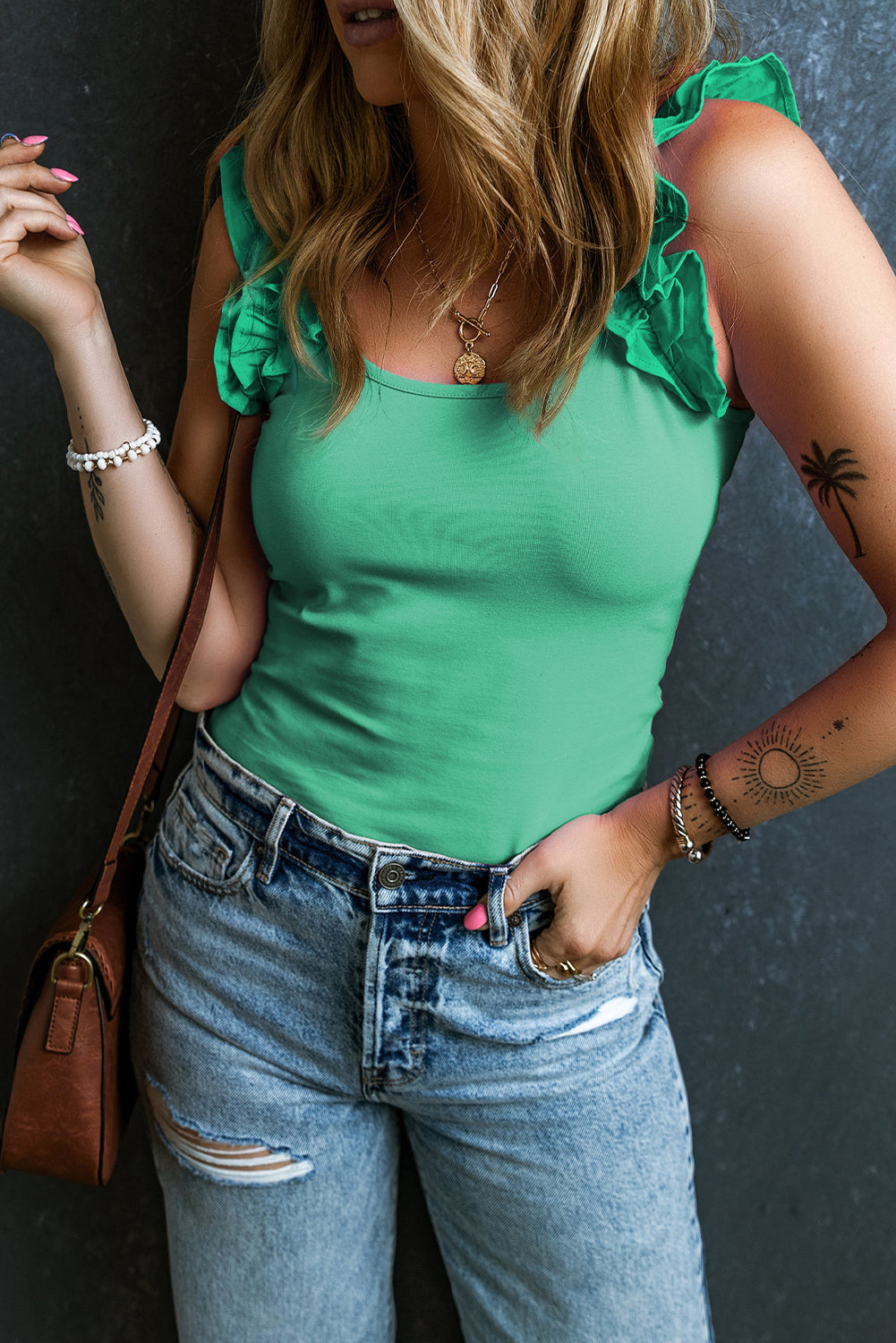 Solid Ruffle Straps Scoop Neck Tank Top