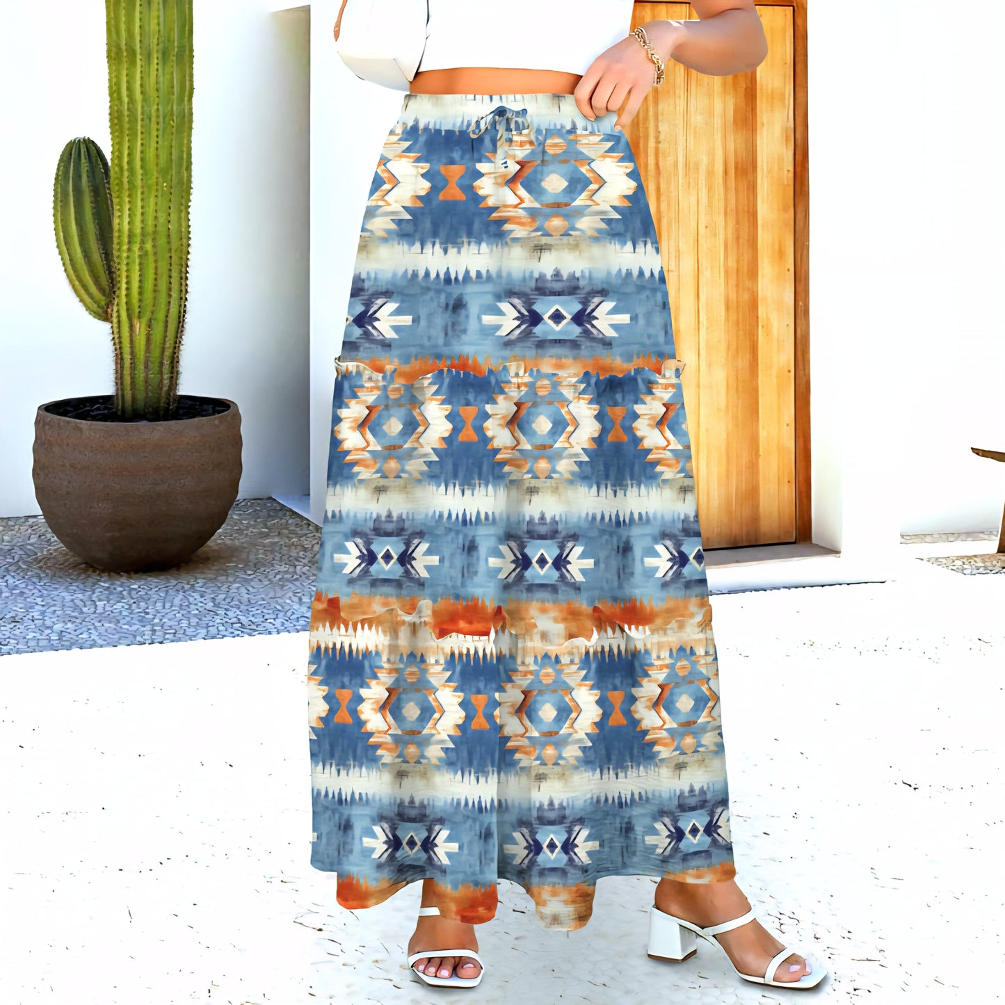 Blue Aztec Western Prairie Tiered Maxi Skirt
