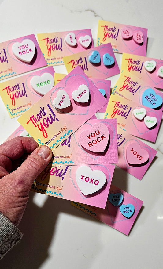 Bag of 25 -Boutique 3d Printed Package Inserts  Candy Message Heart Pins or Earrings Made in America