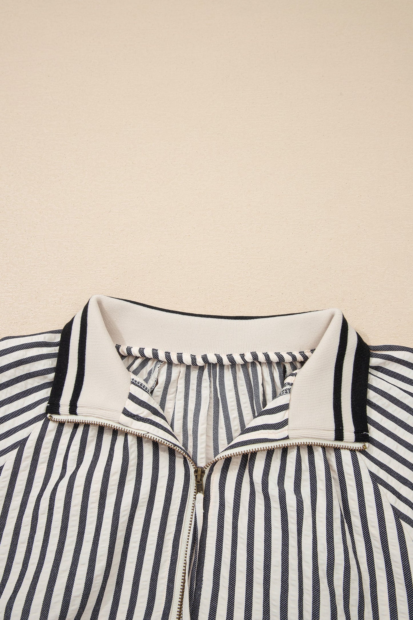 Stripe Polo Collar Half Zip Puff Sleeve Blouse