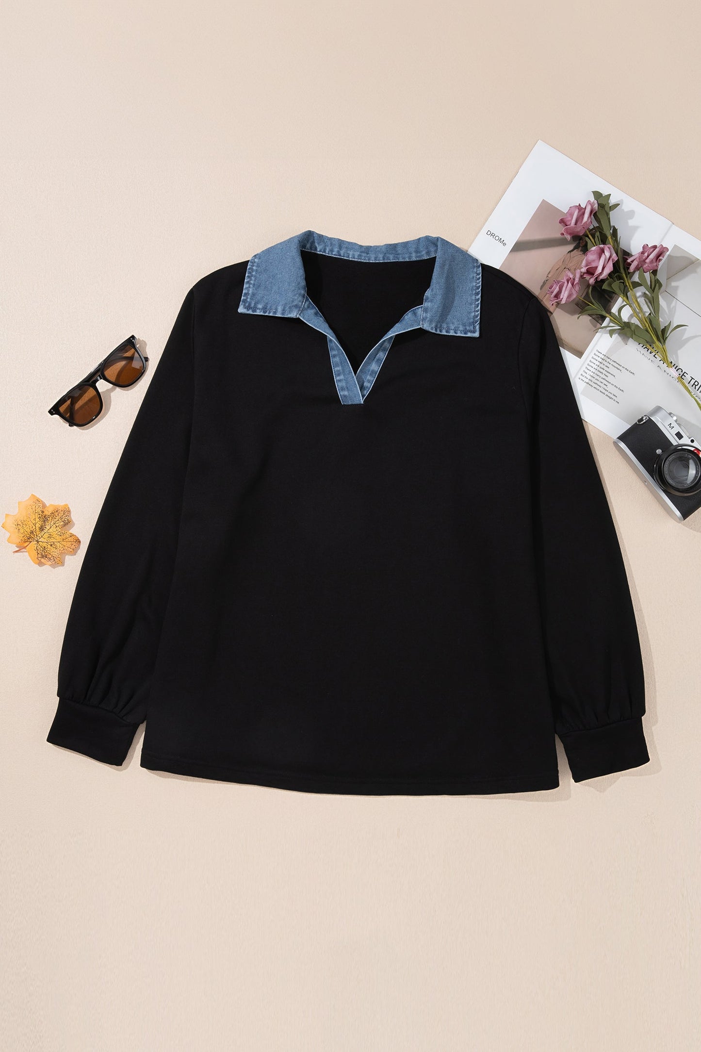 Plus Size Denim Collared V-Neck Long Sleeve Knit Blouse