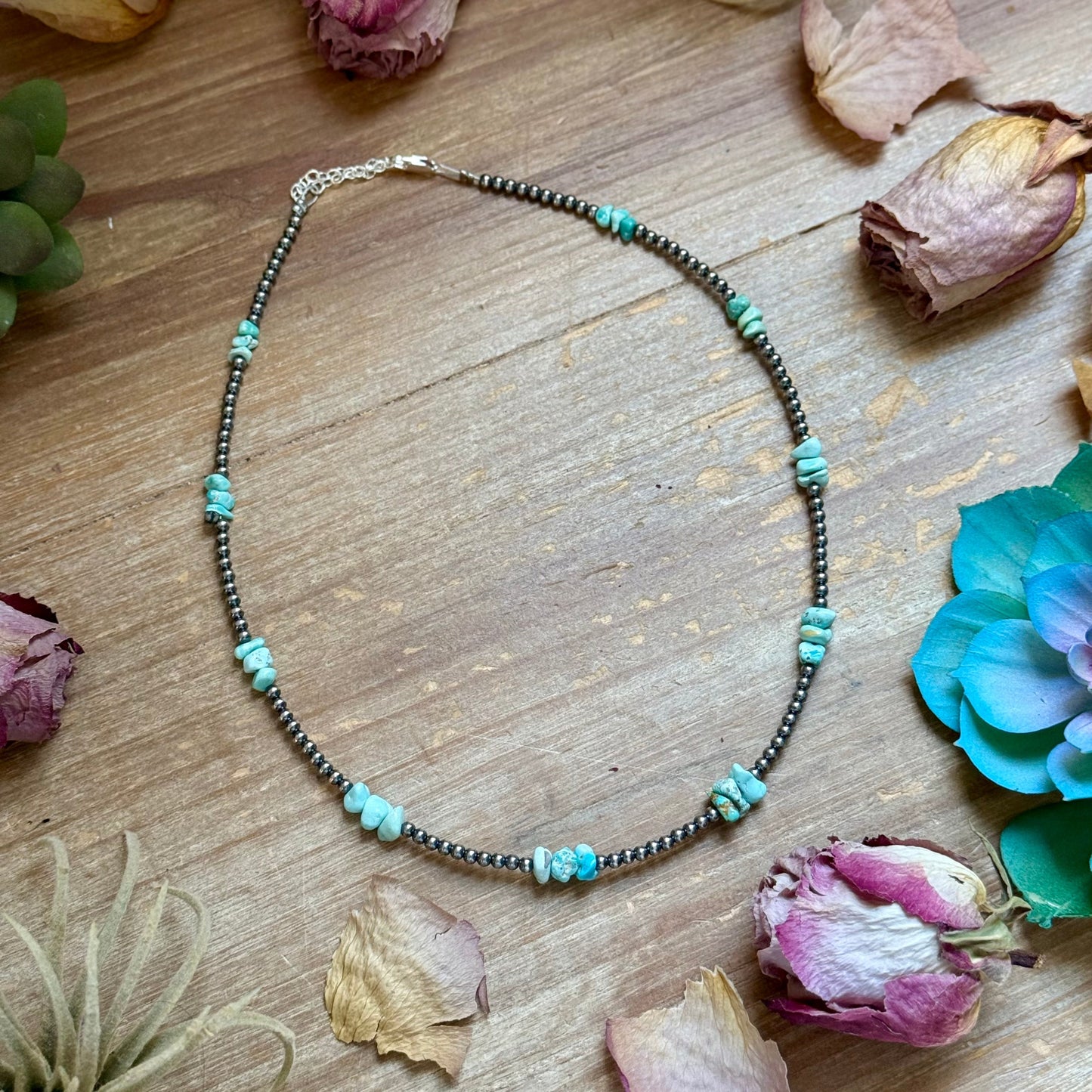 16.5” Sky Blue Lone Mountain Turquoise Nugget Necklace – 3mm Sterling Silver Pearls