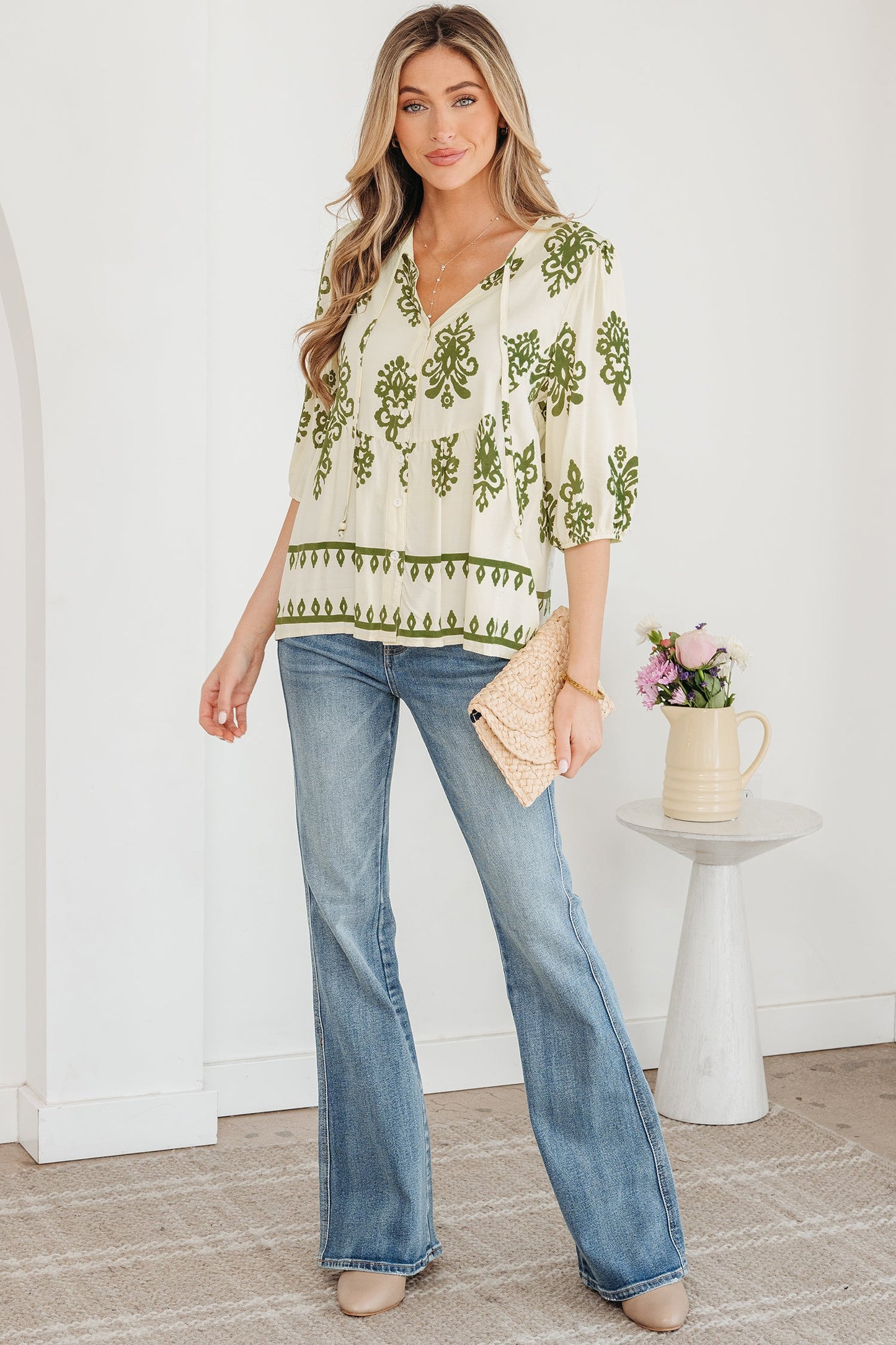Boho Abstract Tie V-Neck Puff Sleeve Shirt