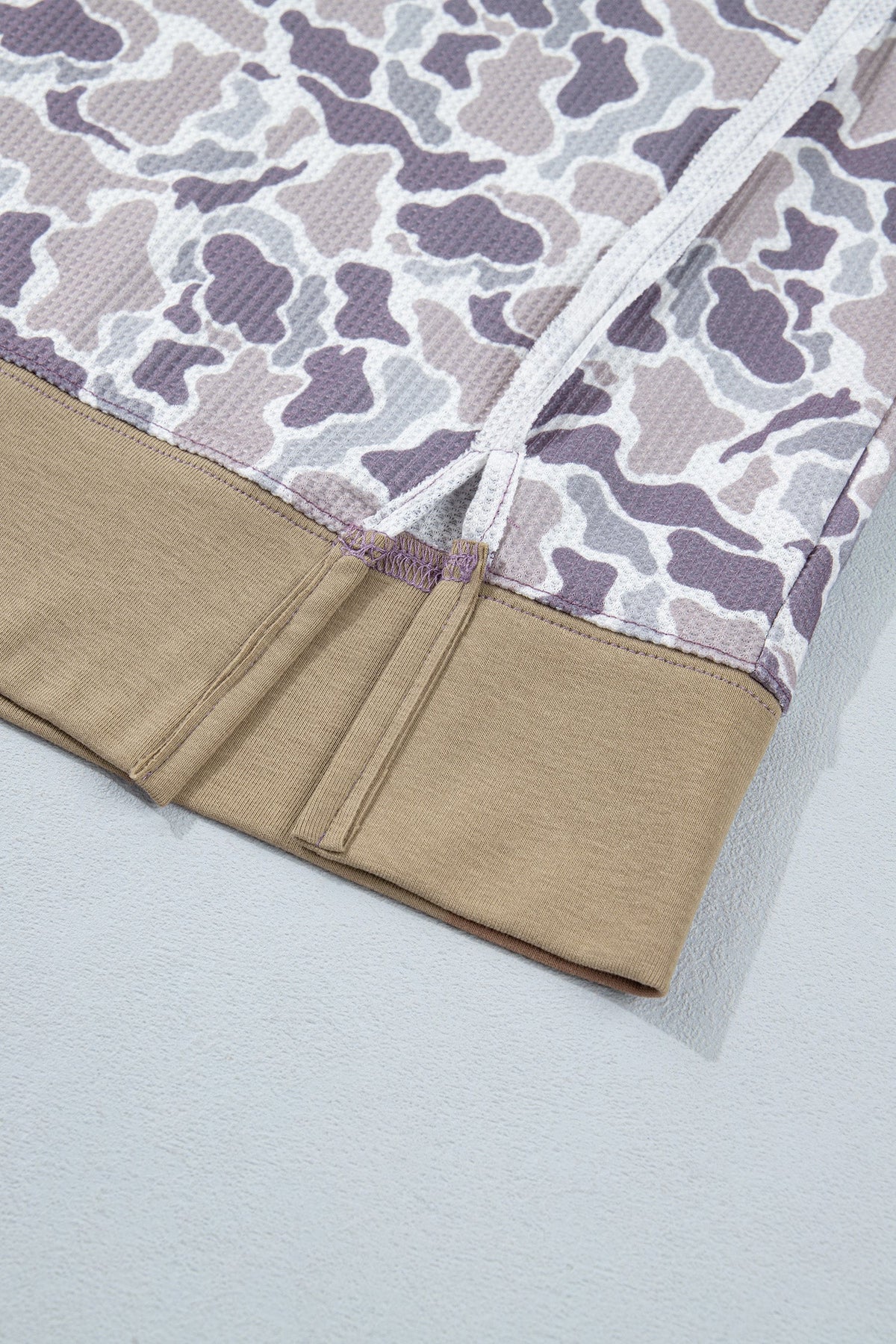 Camo Contrast Trim Waffle Knit Long Sleeve Top