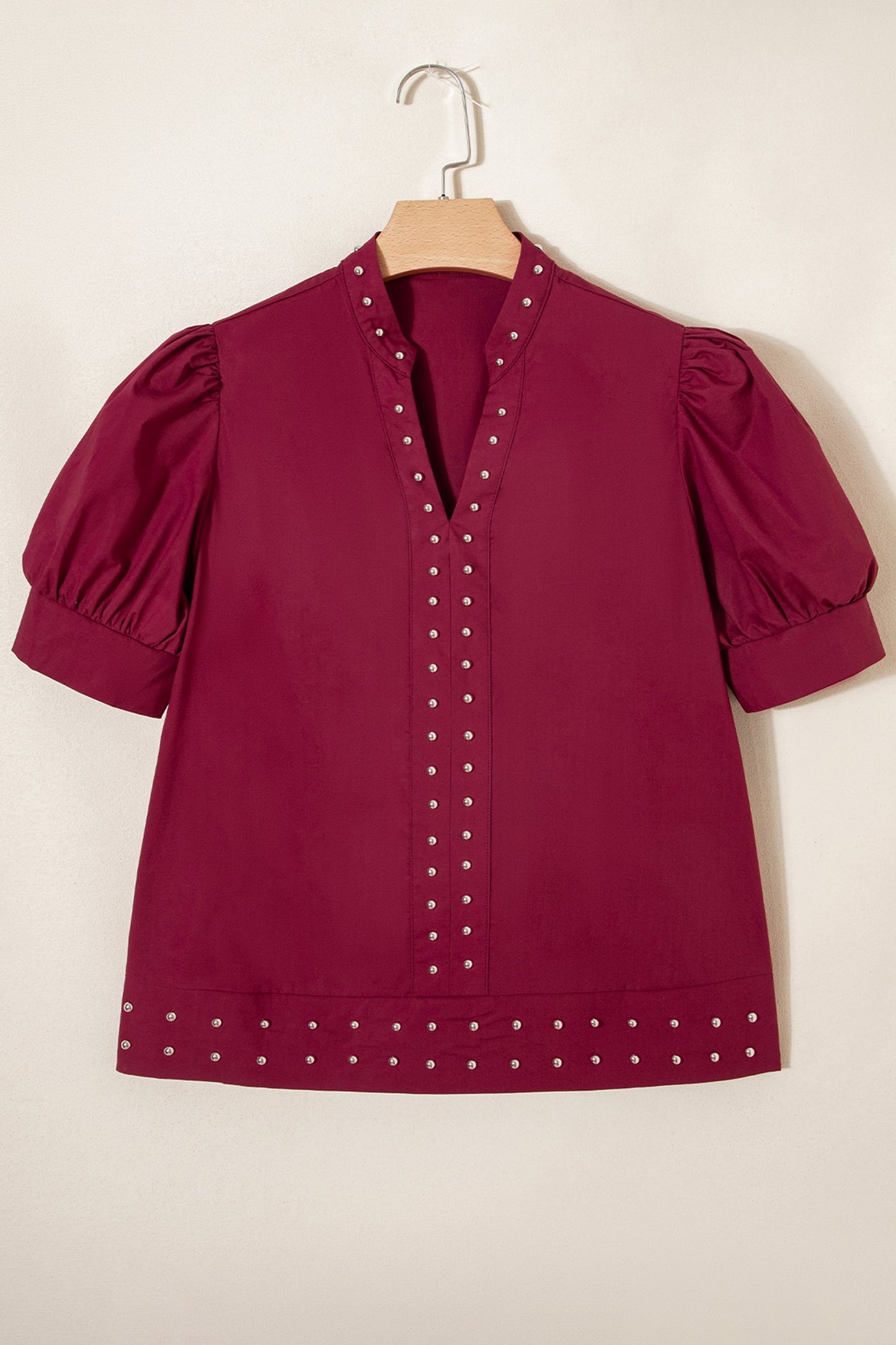 Rivet Embellished V-Neck Short Puff Sleeve Blouse