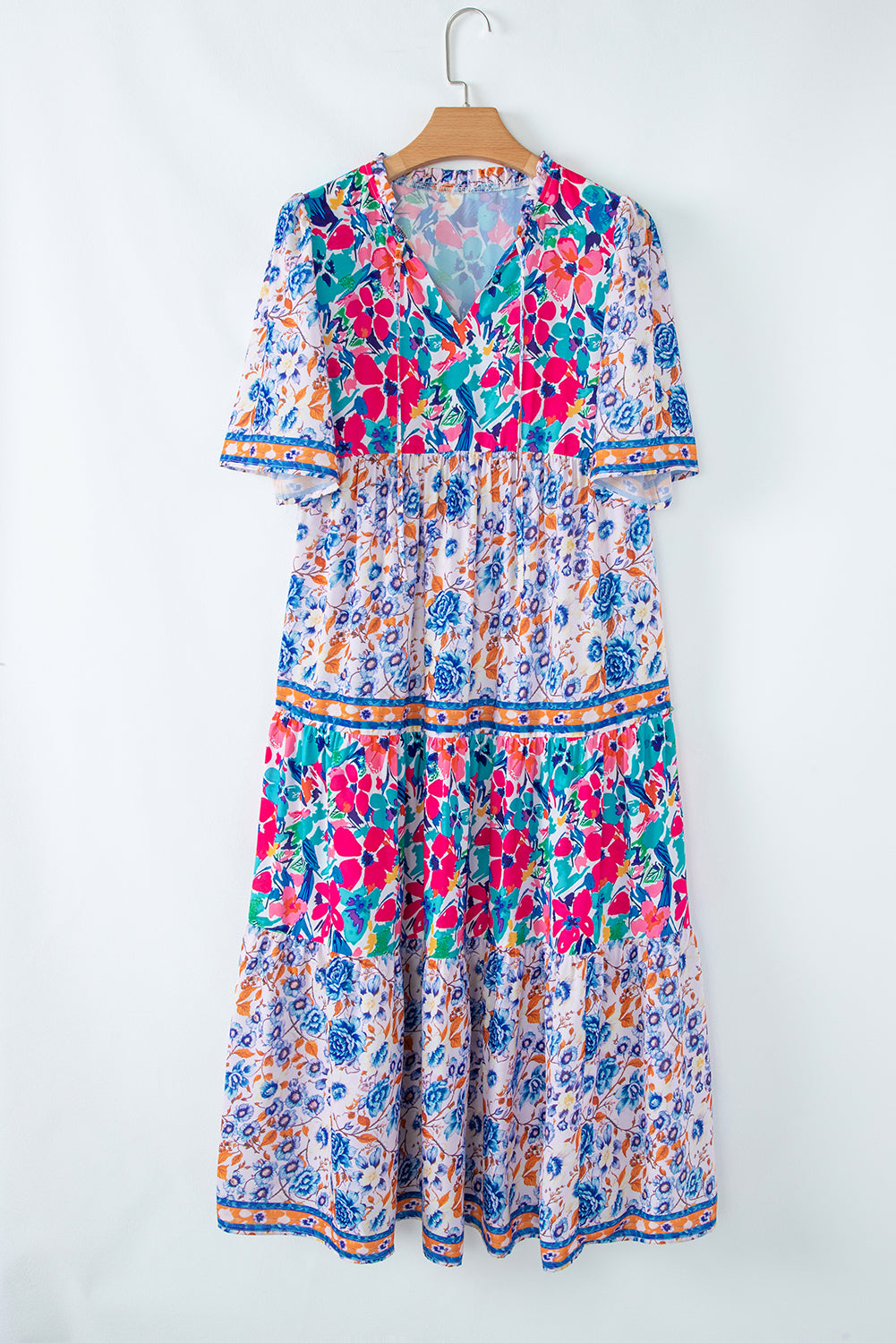 Floral Tie Split Neck Short Sleeve Dress
