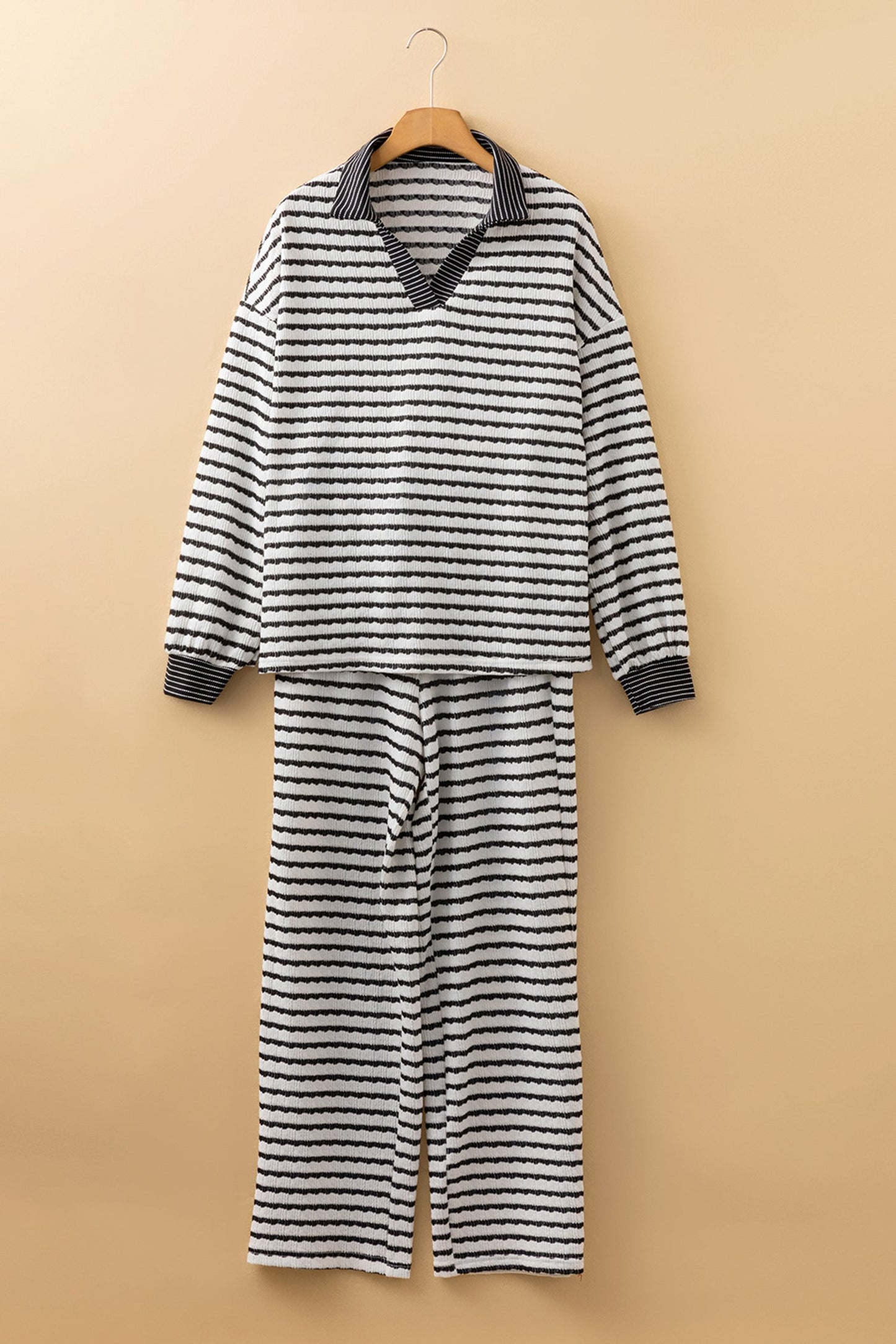 Stripe Collared Top and Drawstring Pants Set