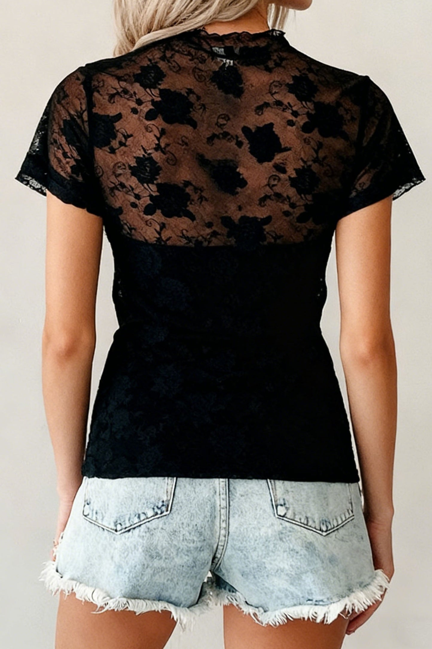 Floral Lace Mesh Short-Sleeve Sheer Top