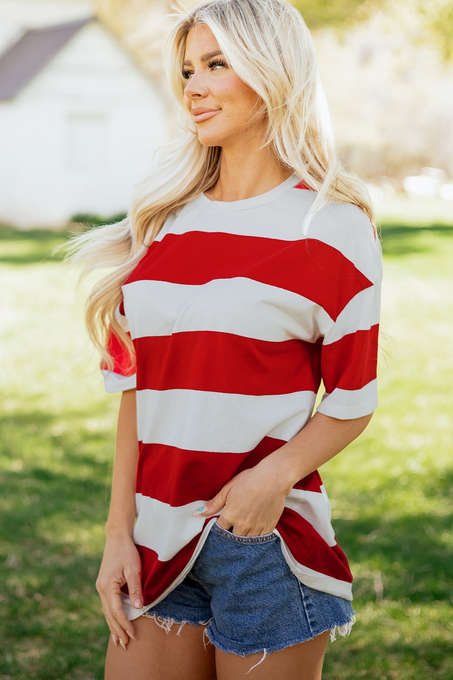 Stripe Colorblock Short Sleeve Oversize Tunic Tee