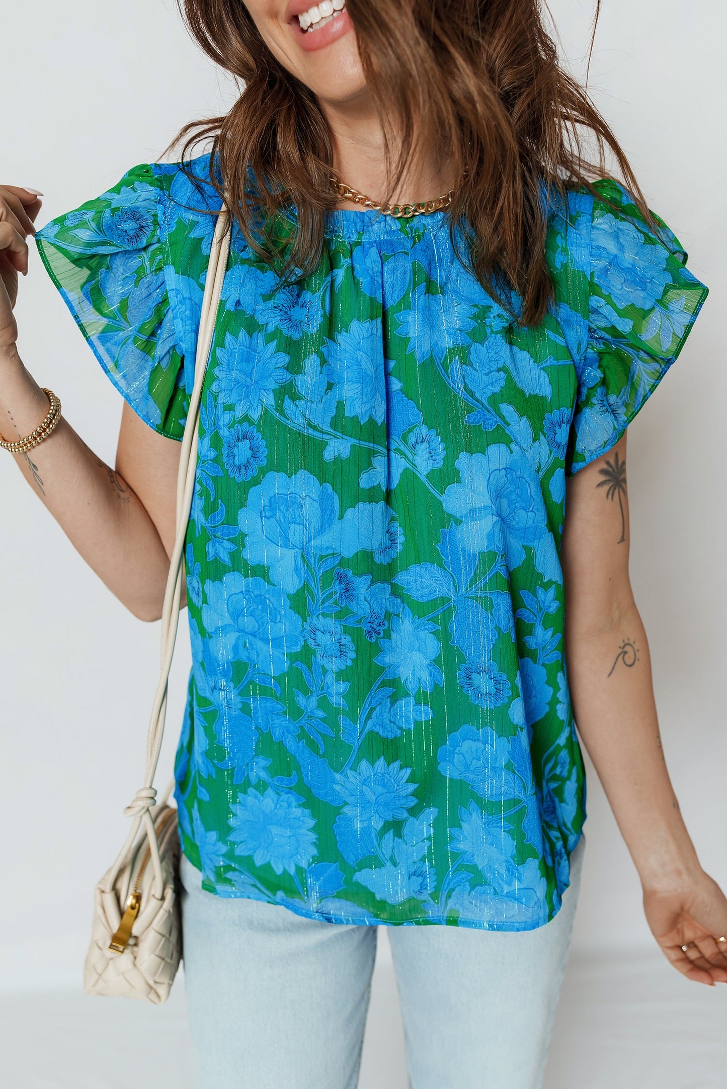 Floral Ruffle Sleeve Keyhole Back Blouse