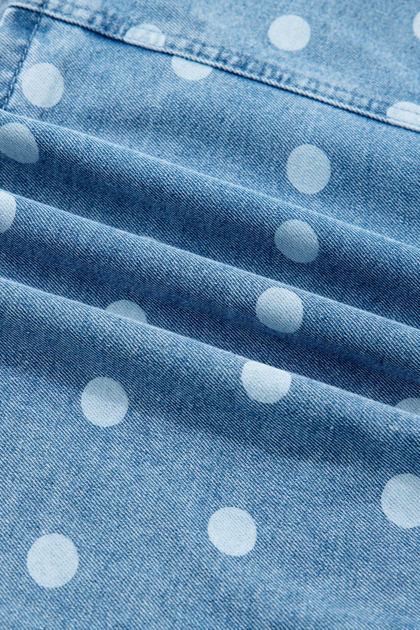 Polka Dot Denim Puff Sleeve Buttoned Dress