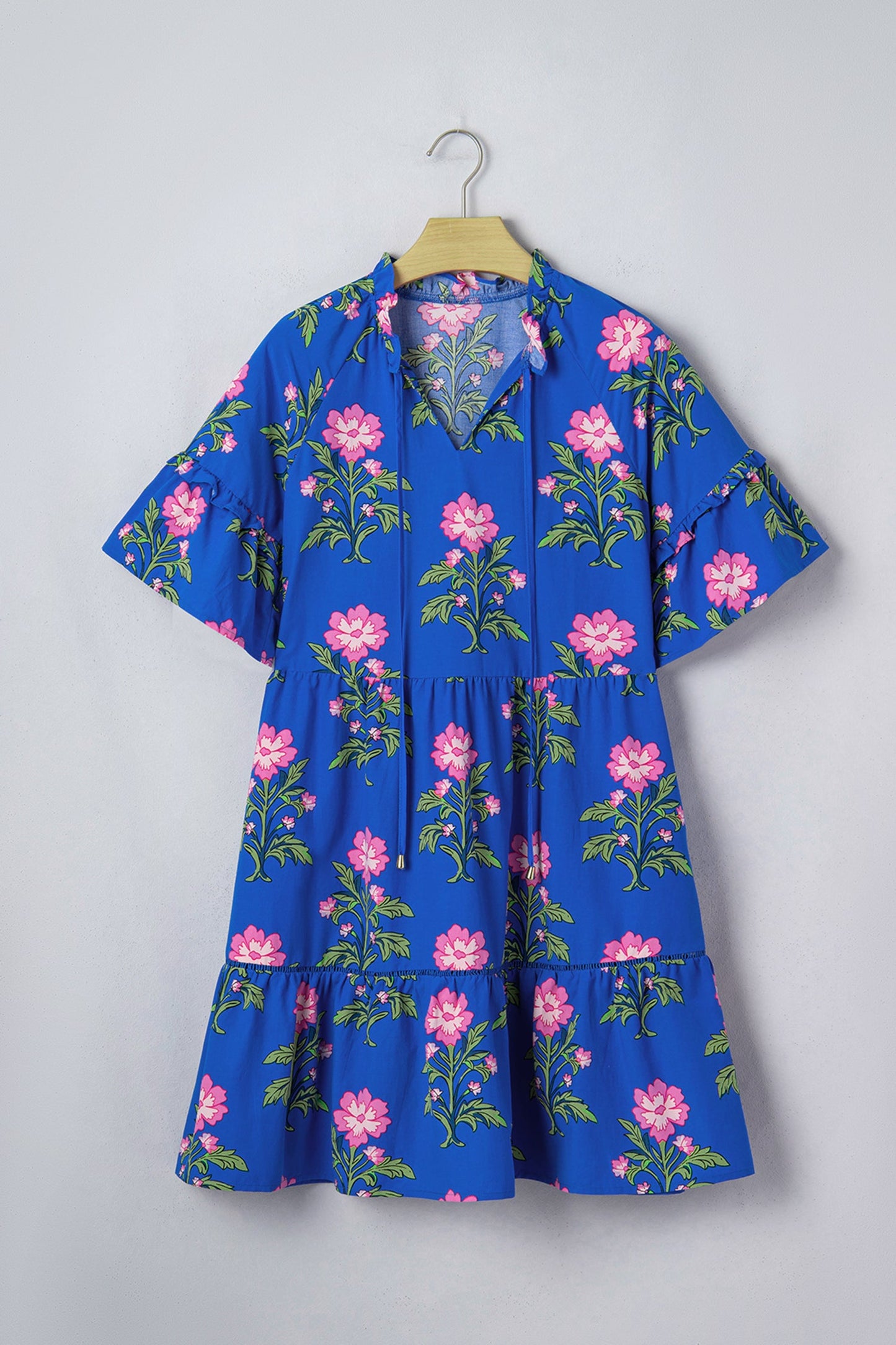 Floral Tie V-Neck Short Sleeve Mini Dress