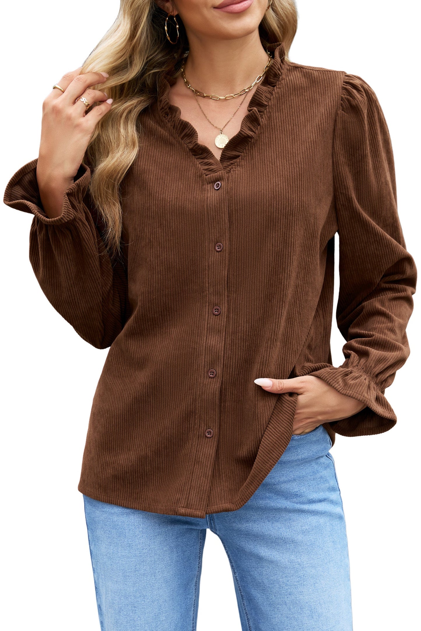 Solid Ruffle Trim V-Neck Long Sleeve Corduroy Shacket