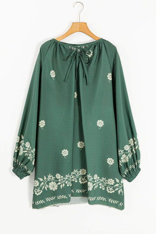 Boho Floral Tie Neck Puff Sleeve Dress