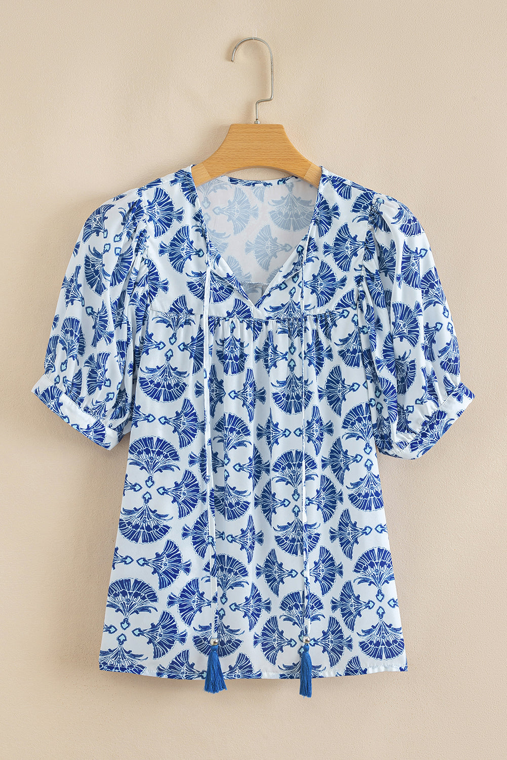 Geometric Tassel Drawstring V-Neck Blouse