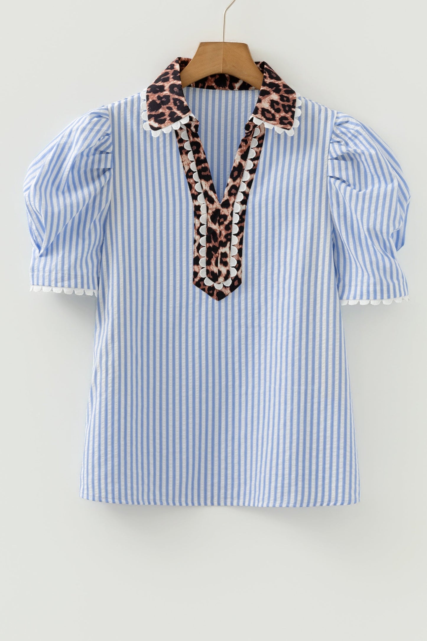 Leopard Patchwork Collared V-Neck Puff Sleeve Blouse