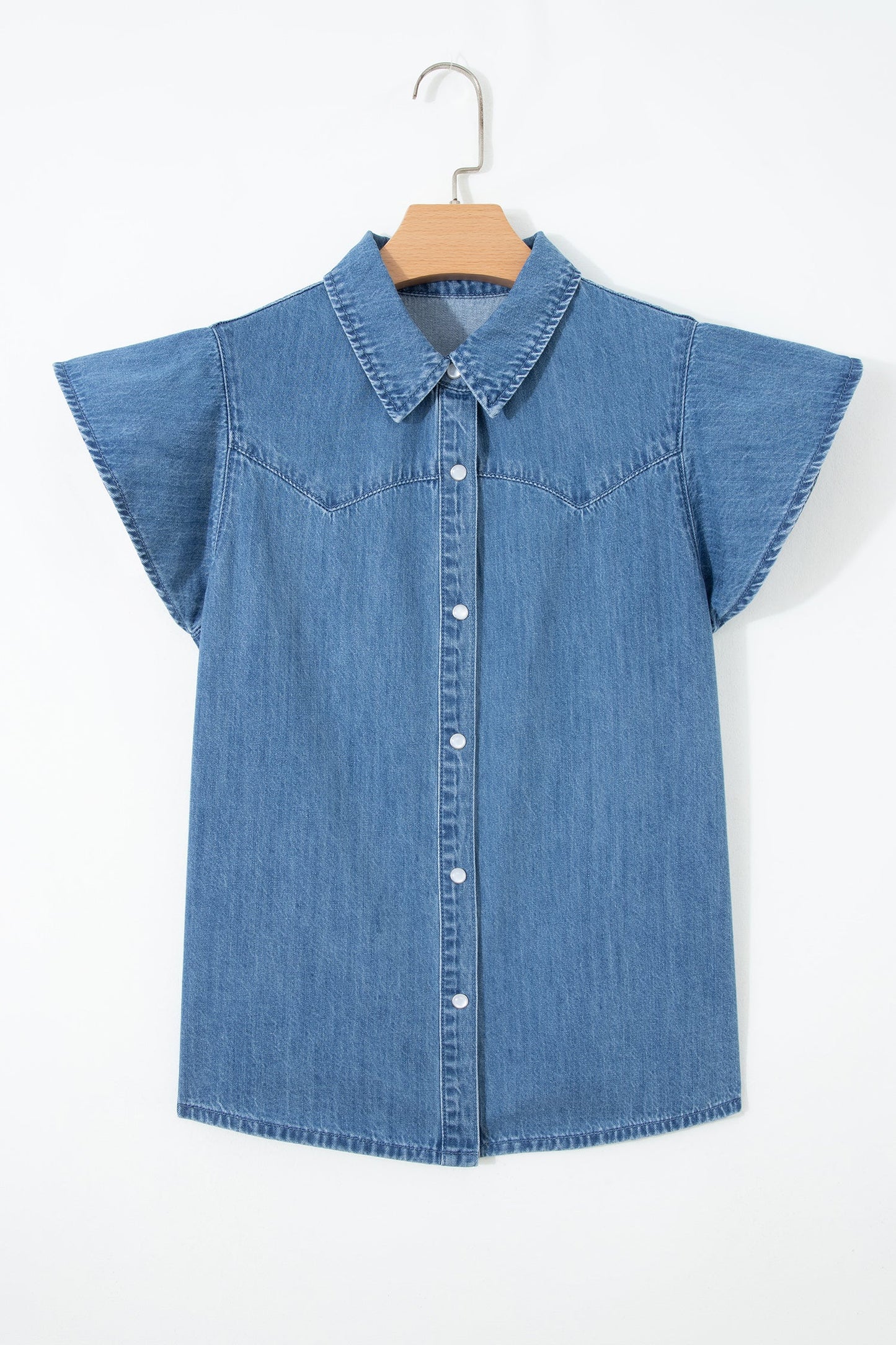 Solid Denim Ruffle Short Sleeve Buttoned Shirt