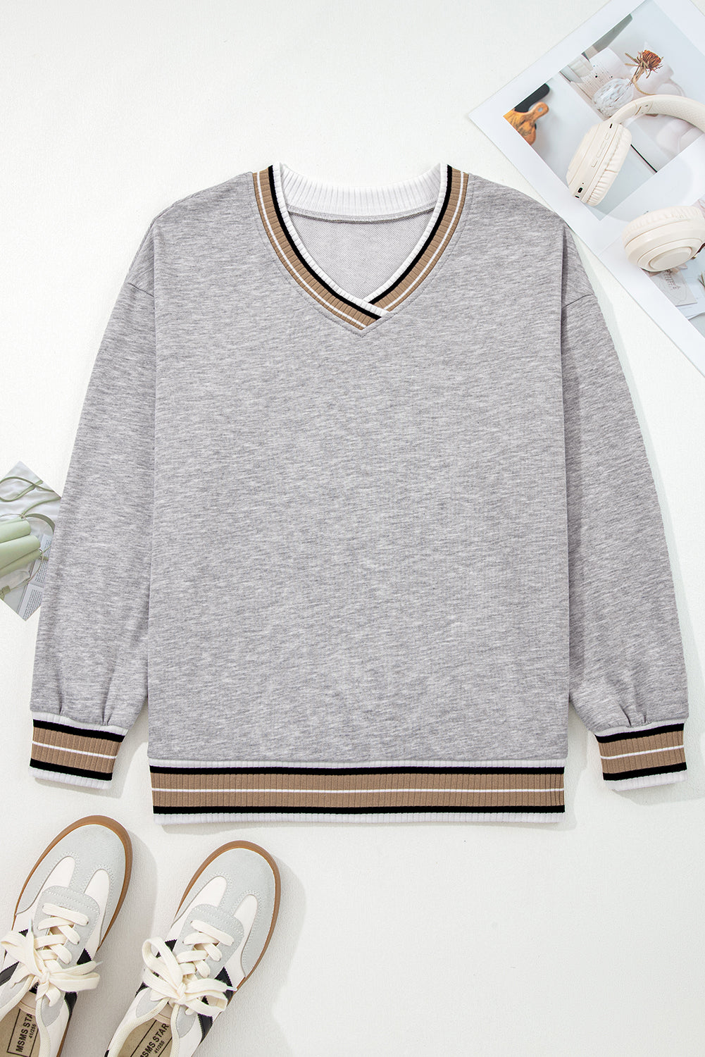 Varsity Contrast Stripe Trim V-Neck Sweatshirt