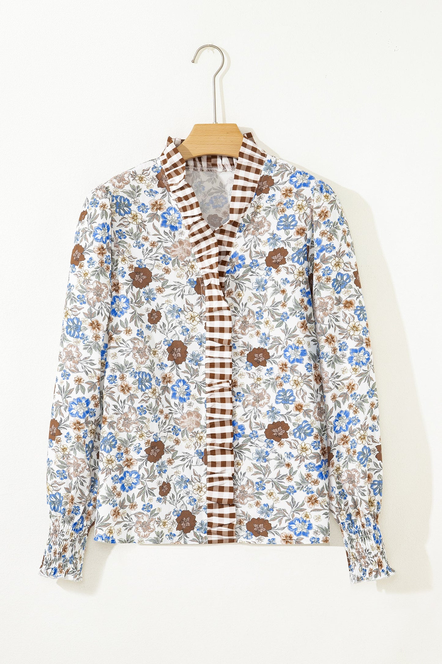 Floral Gingham Plaid Frilled Trim Long Sleeve Blouse