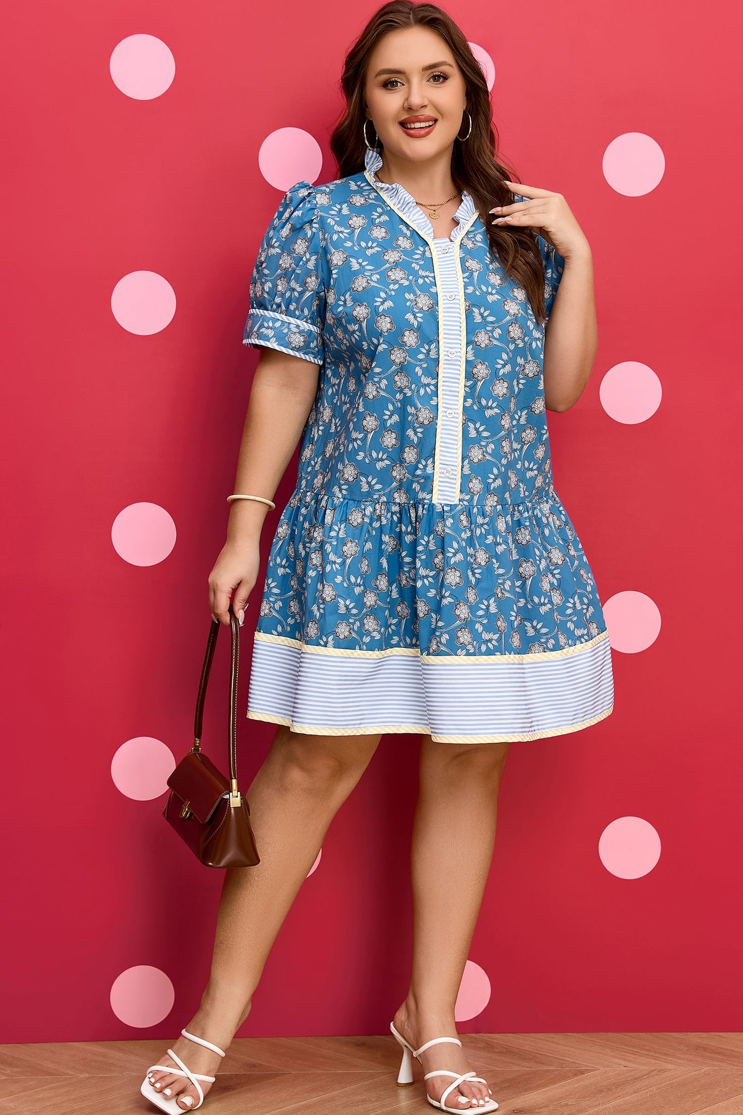 Plus Size Floral Stripe Patchwork Ruffle Dress