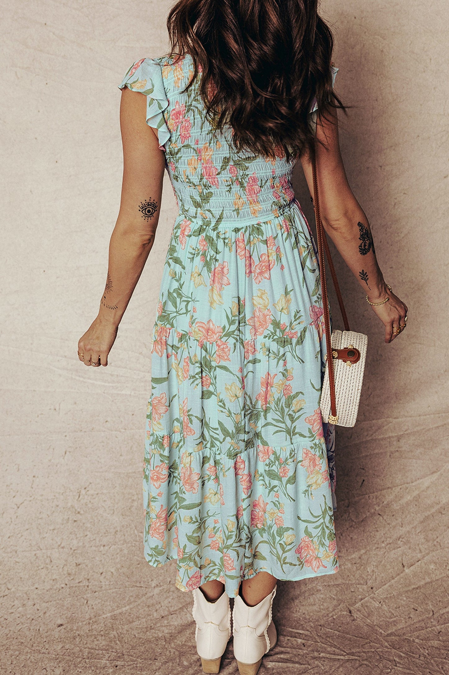 Floral Smocked V-Neck Ruffle Tiered Maxi Dress