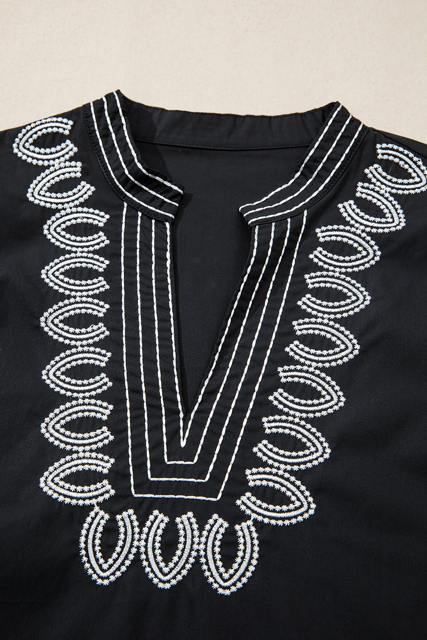 Embroidered V-Neck Short Puff Sleeve Blouse