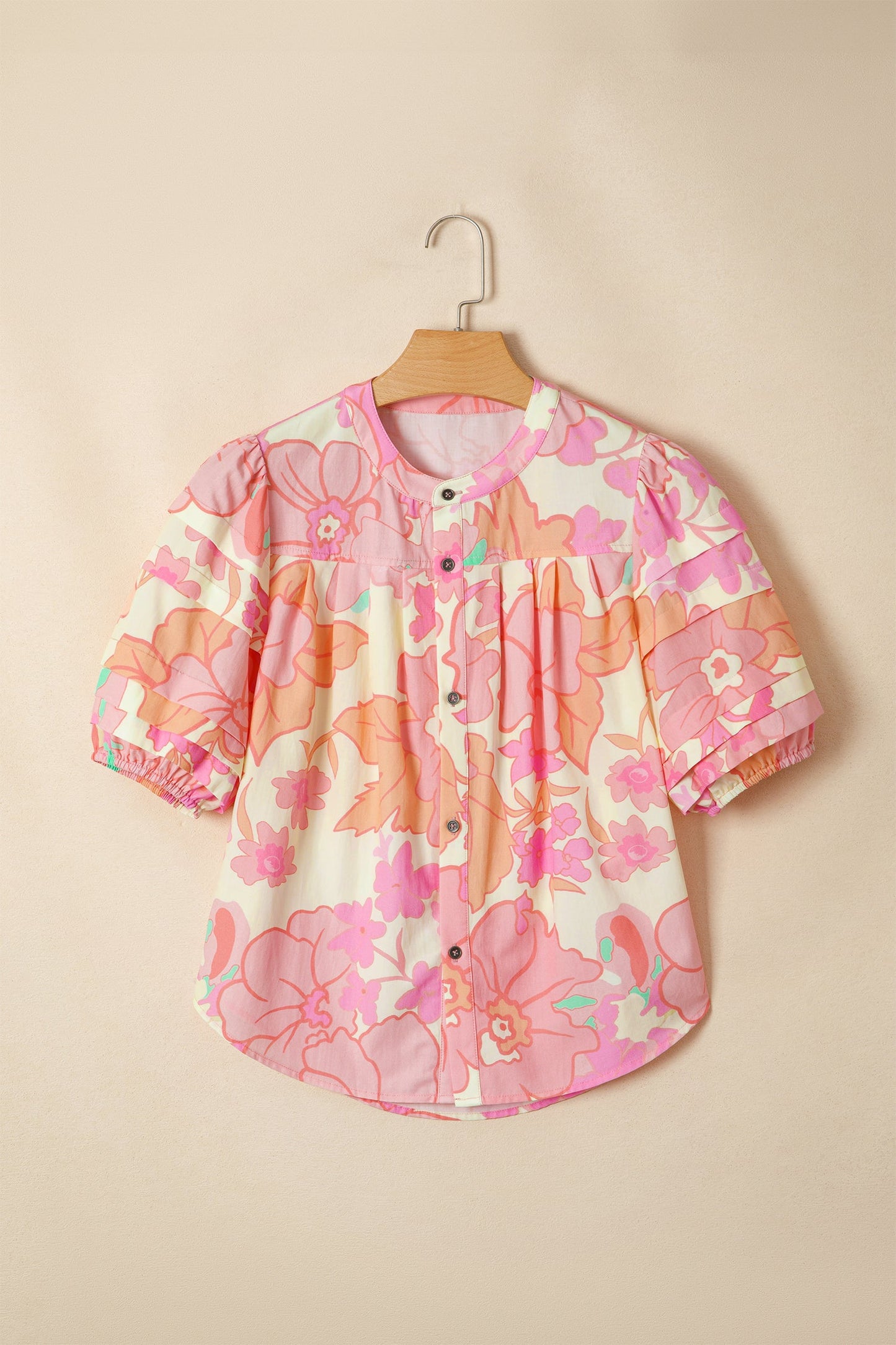 Floral Button Down Pintuck Short Sleeve Blouse