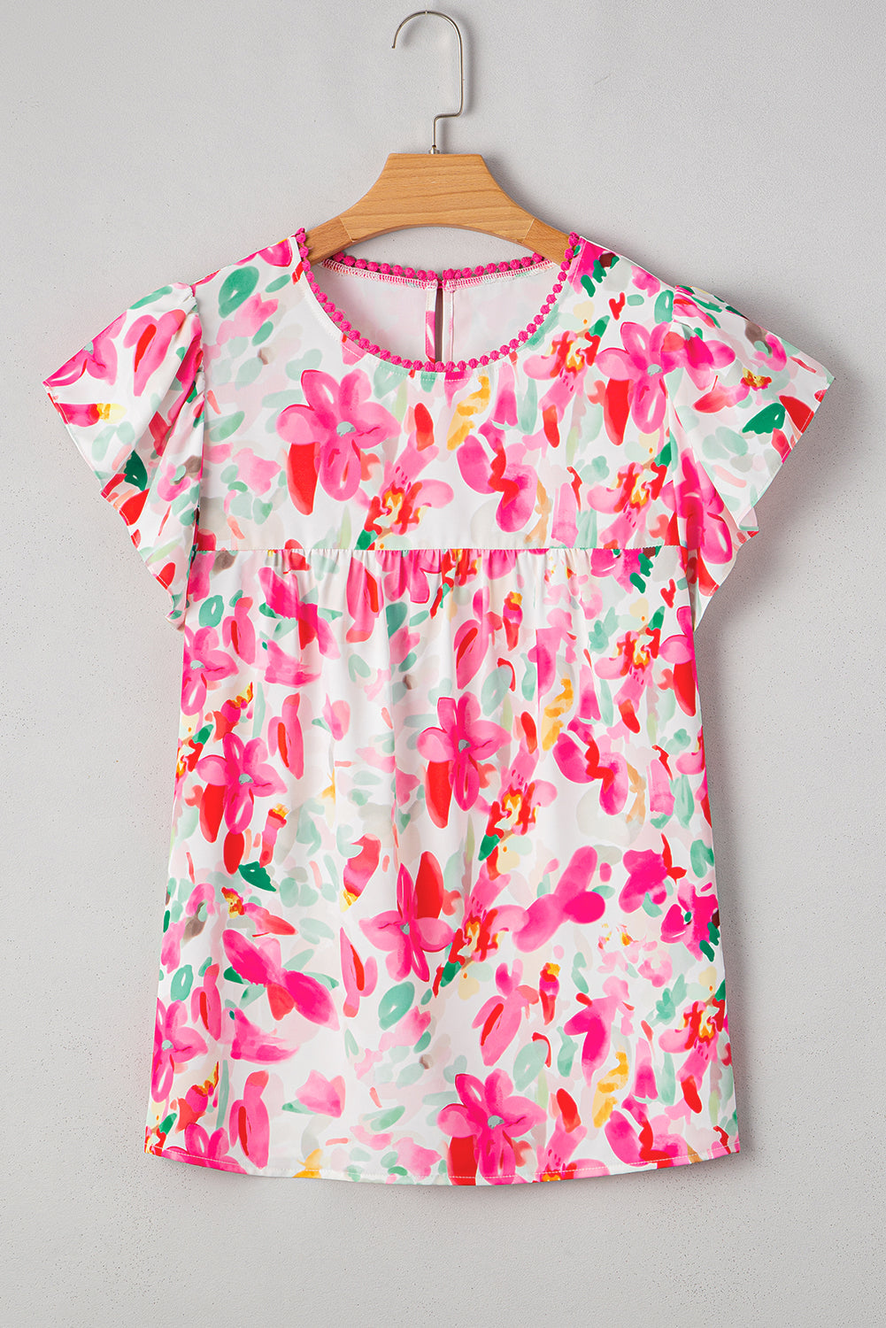 Floral Flutter Sleeve Round Neck Blouse.