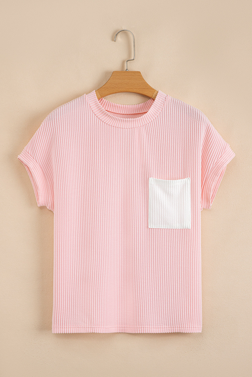 Corded Knit Colorblock Pocketed Crew Neck T-Shirt