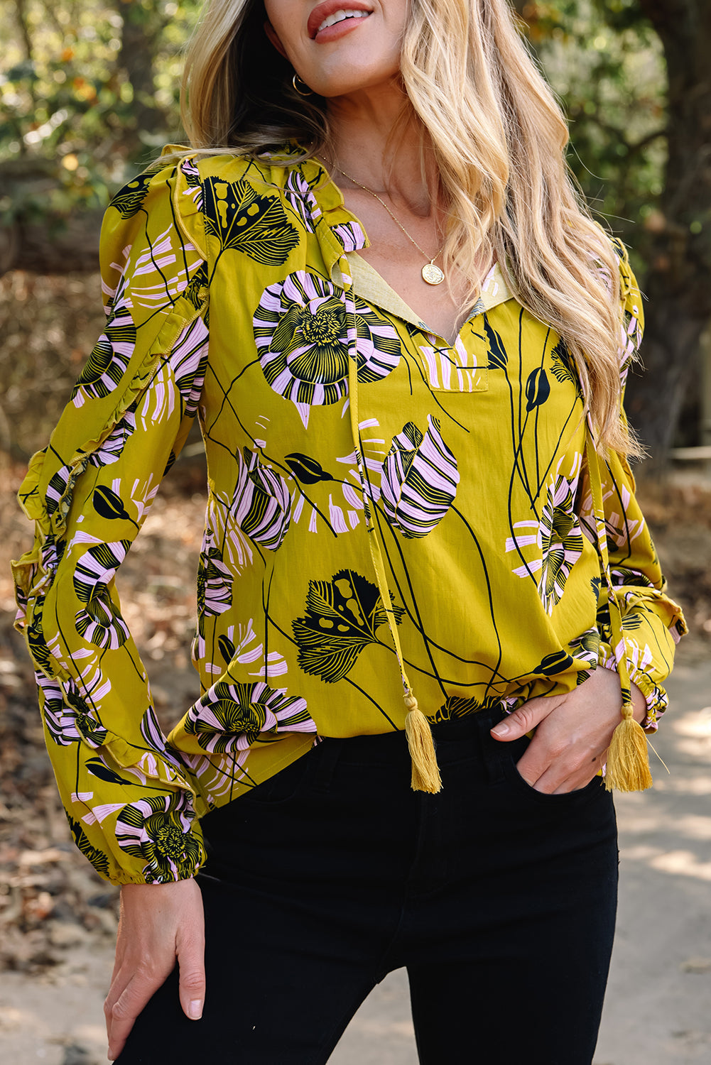 Floral V-Neck Ruffle Trim Long Sleeve Blouse