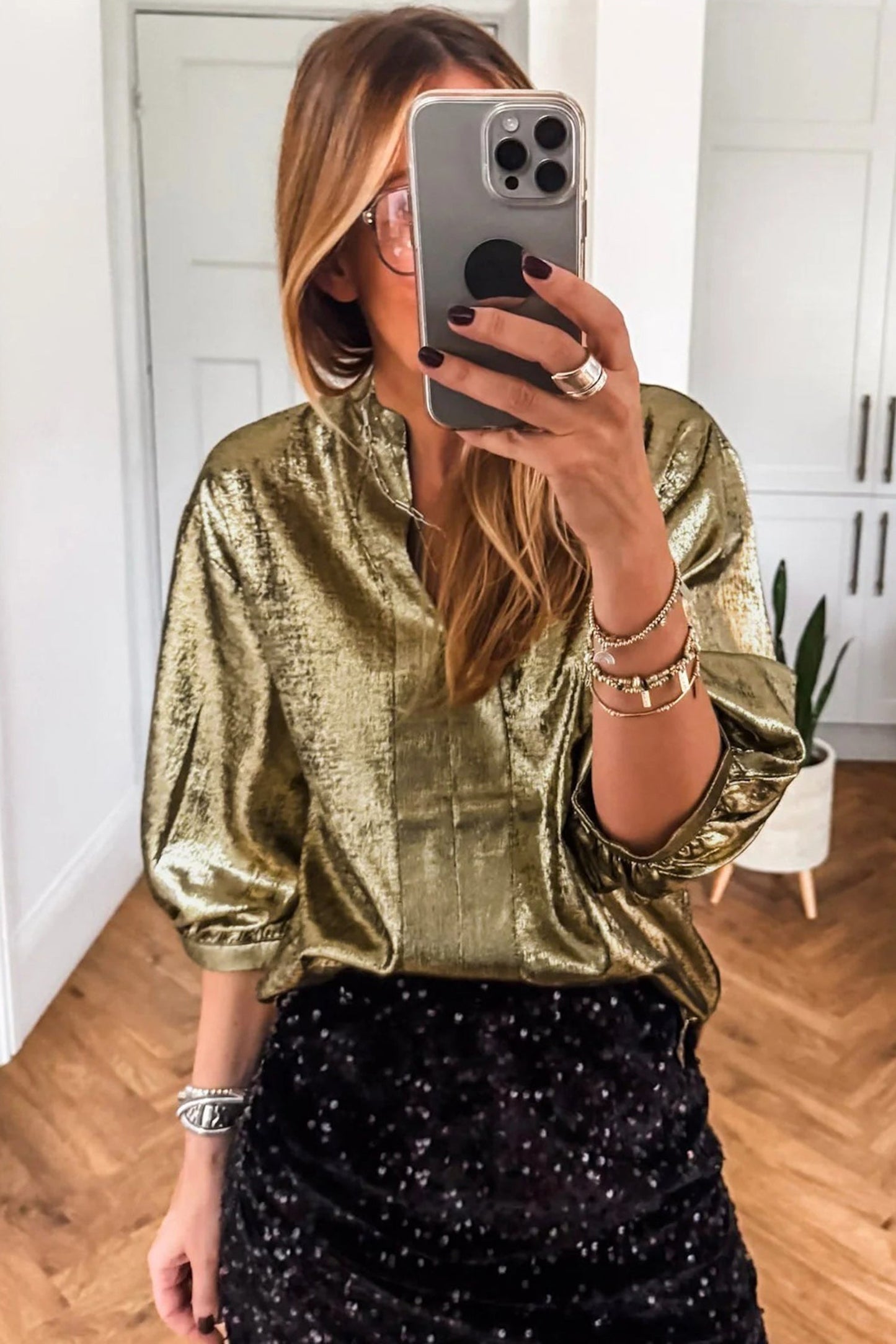 Metallic Split Neck 3/4 Sleeve Blouse