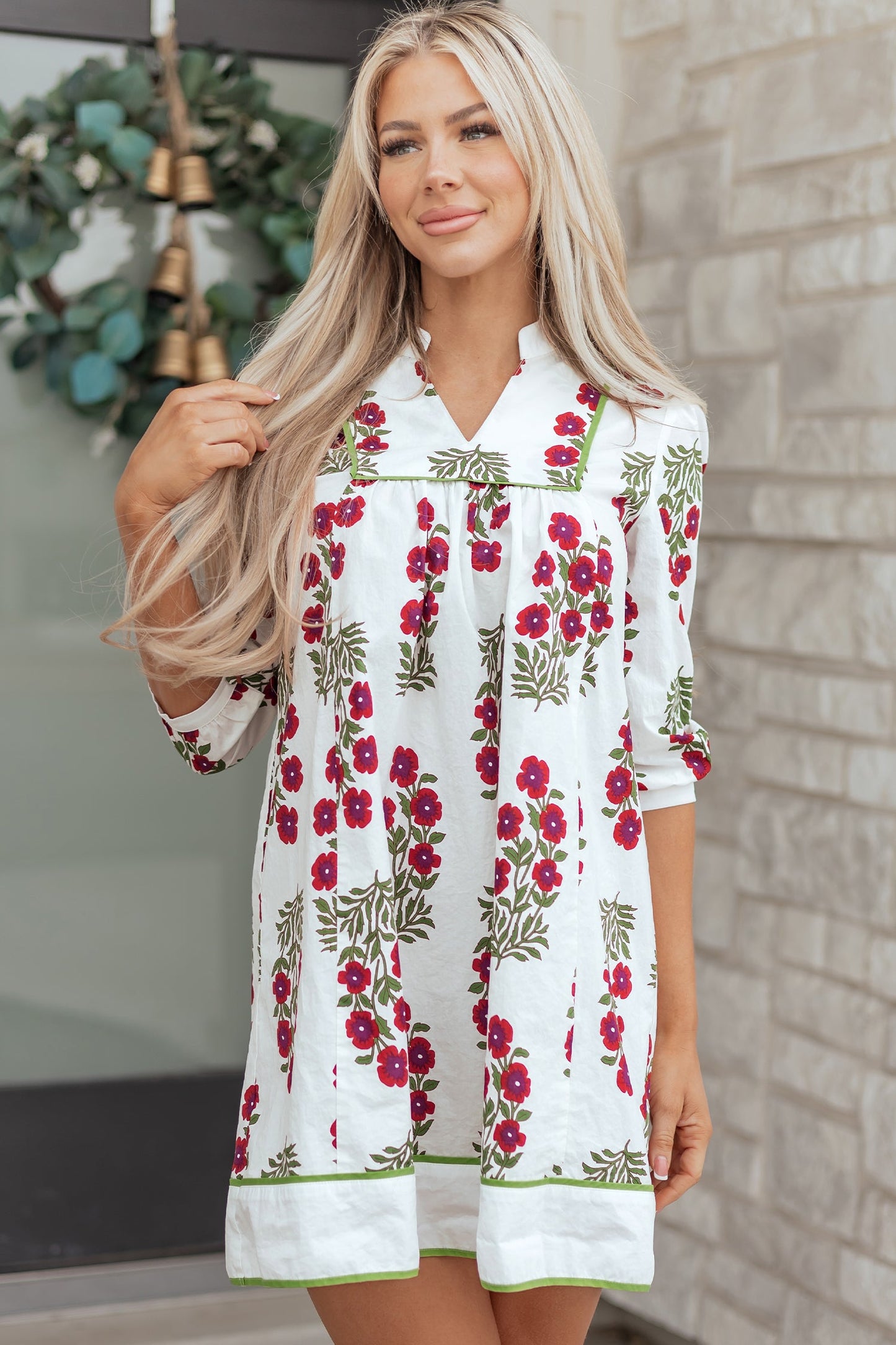 Floral Notched V-Neck 3/4 Sleeve Dress