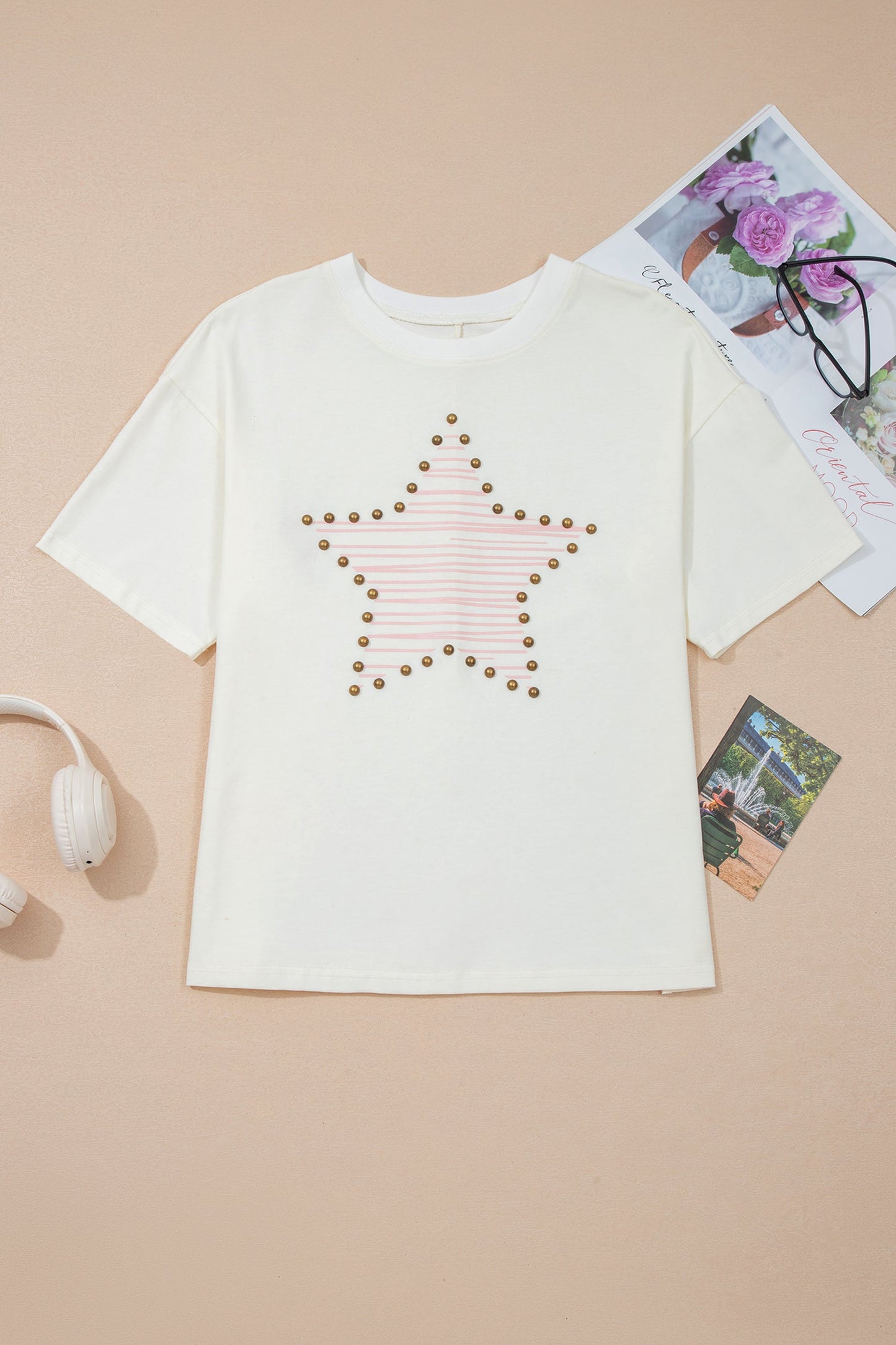 Star Stud Detail Cotton Jersey Casual Top