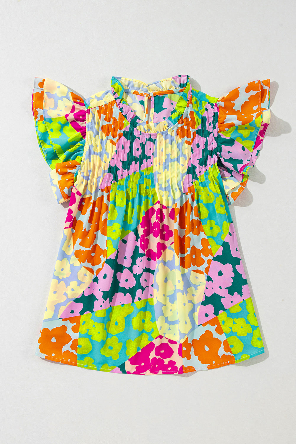 Abstract Pleated Flutter Sleeve Loose Fit Blouse