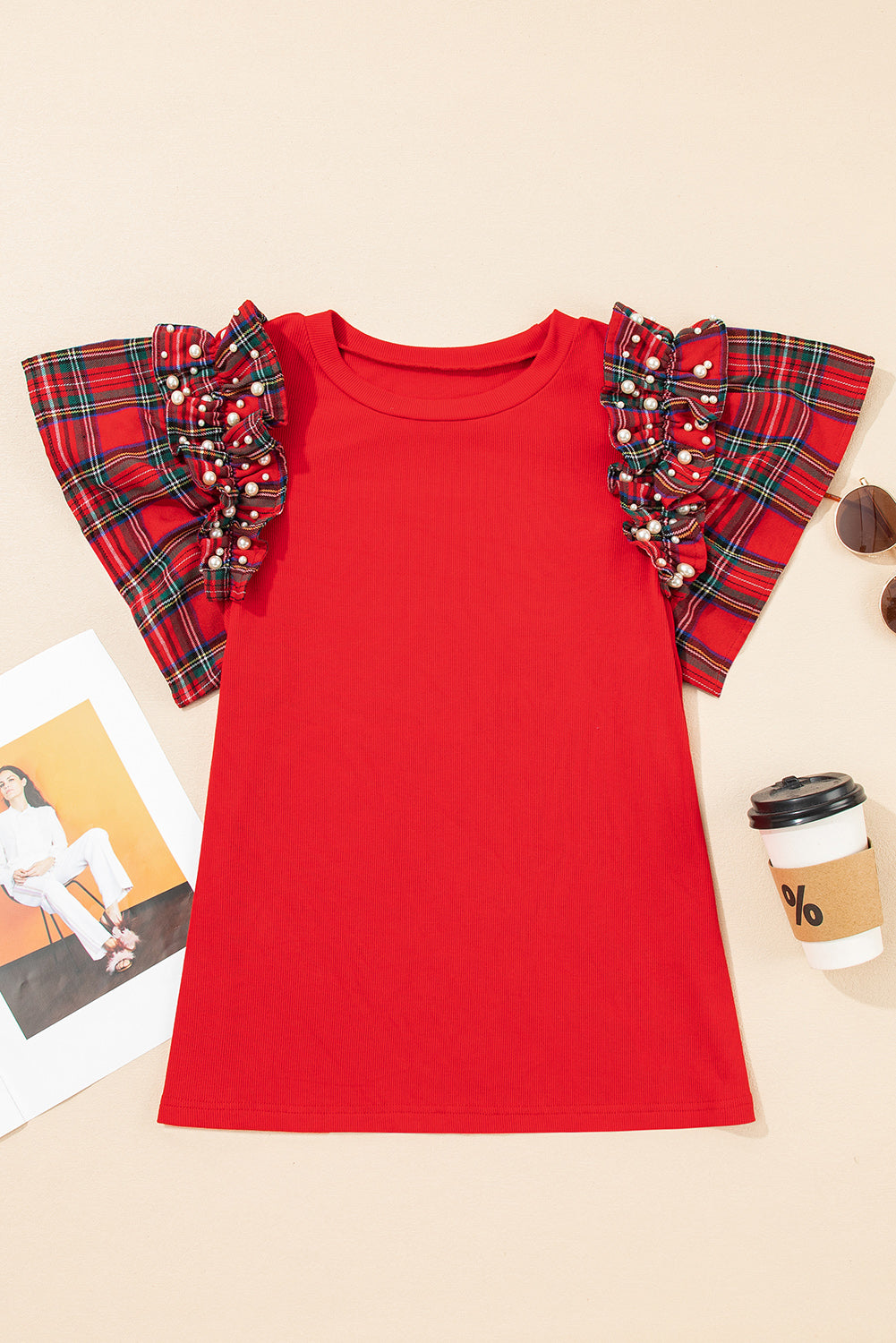 Plaid Pearl Ruffle Short Sleeve Loose T-Shirt